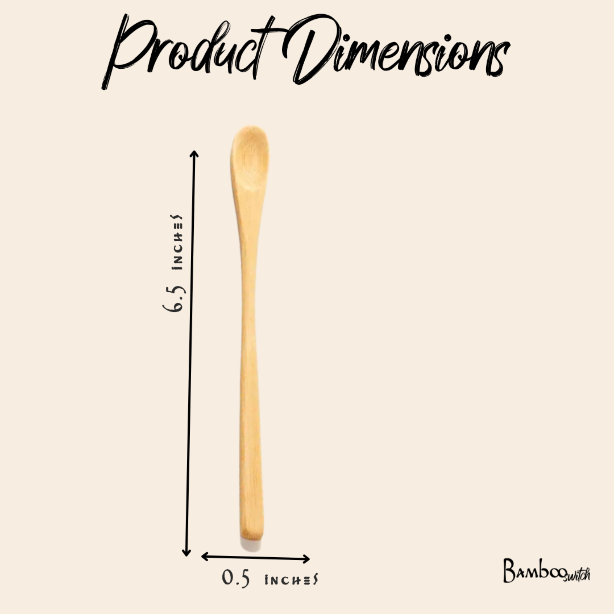 Bamboo mixing spoon shown with size indicators, 6.5 inch long