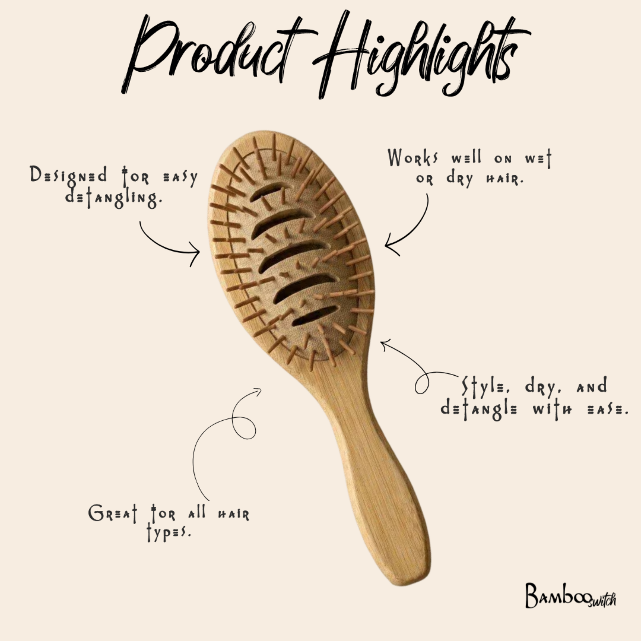 Bamboo vented paddle hair brush with curved wooden handle and pin bristle pad