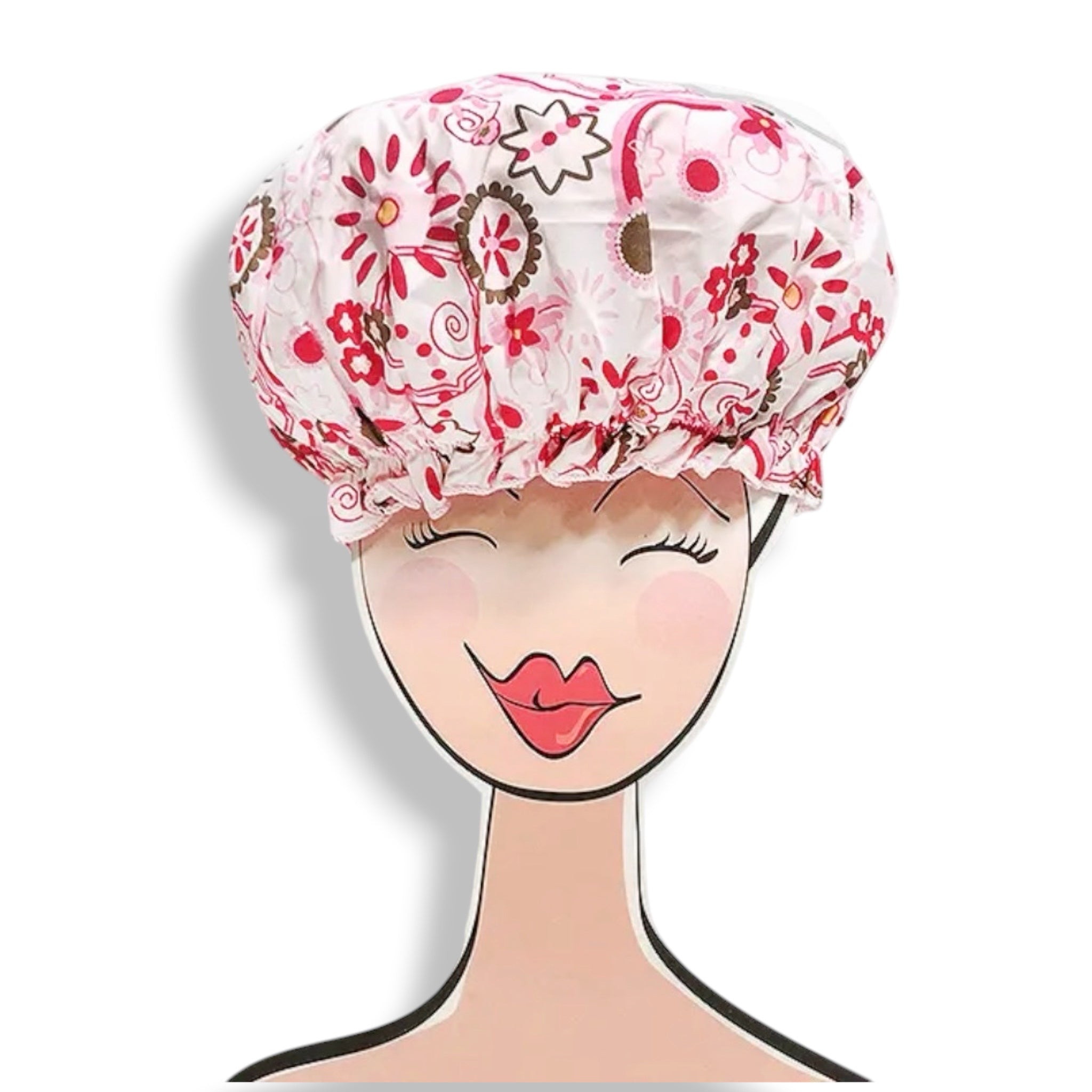 Bouffant shower cap bonnet on mannequin, white with pink floral doodles print
