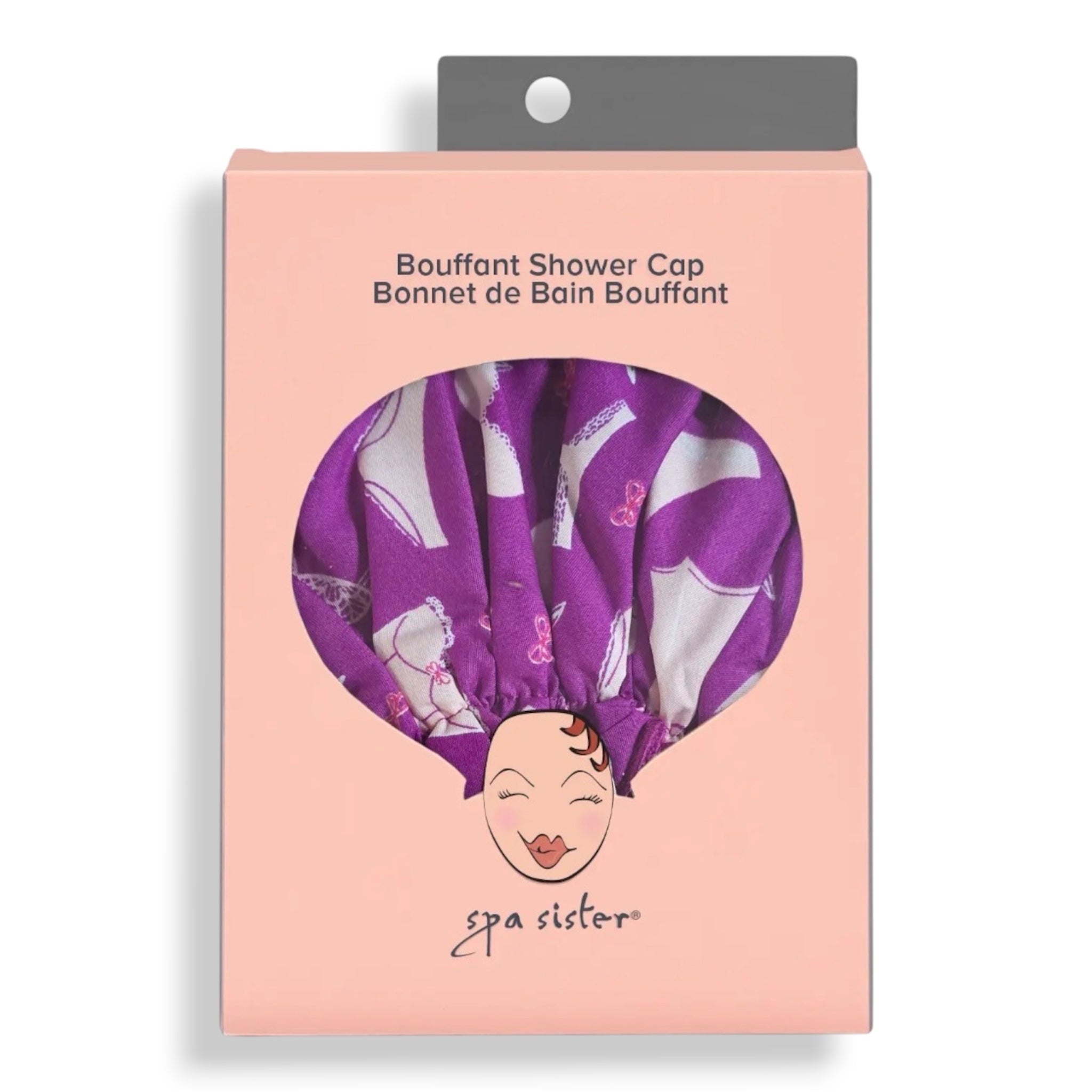 Bouffant shower cap in purple with white whimsical character prints, ruffled elastic hem