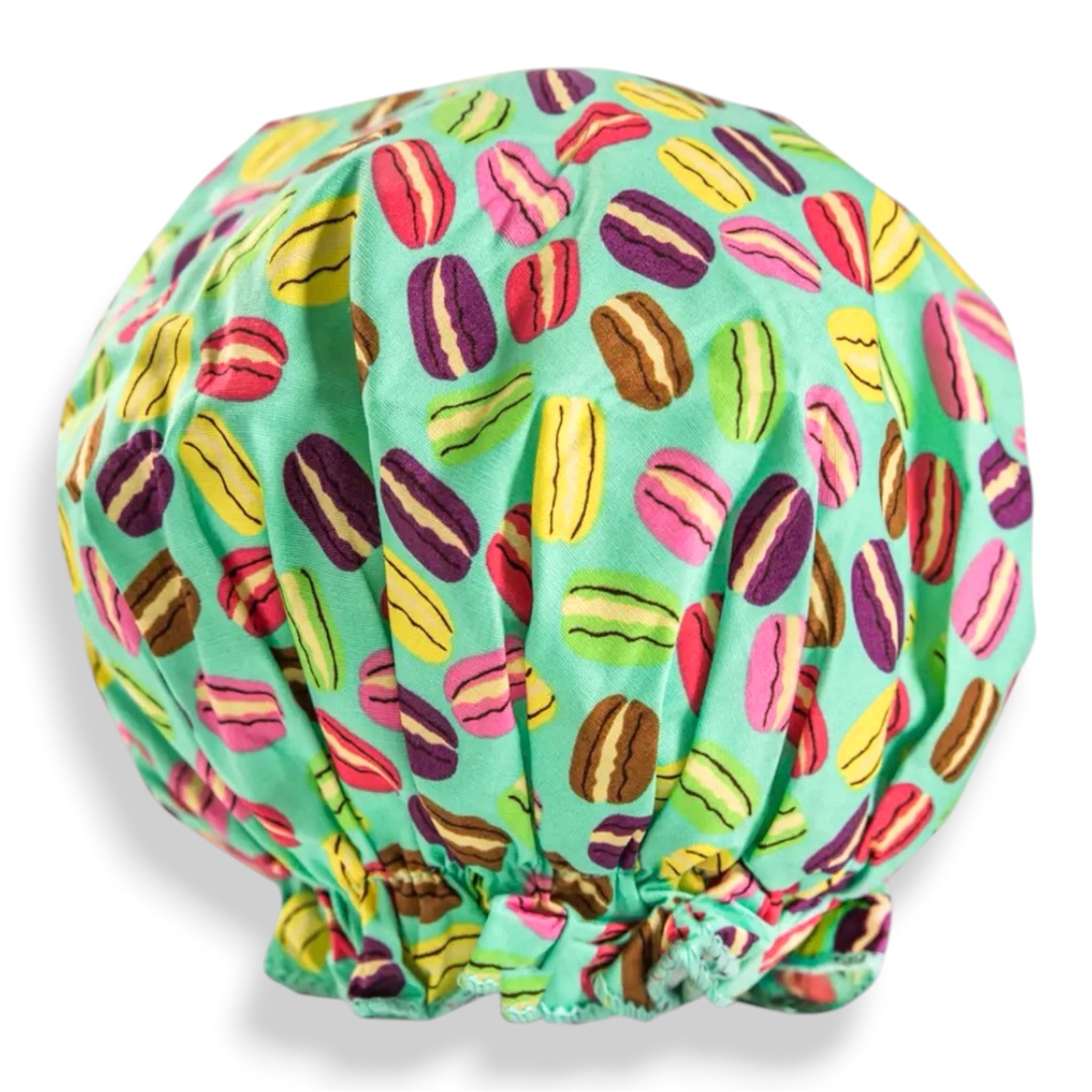 Bouffant shower cap, mint green fabric with multicolor dessert prints and gathered hem