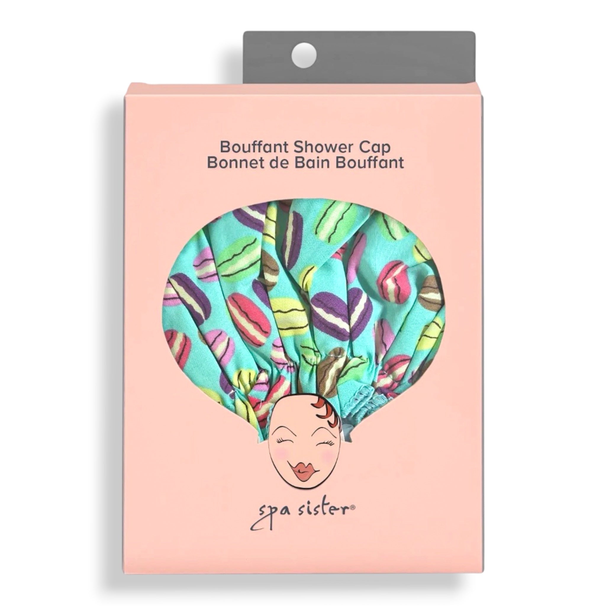 Bouffant shower cap in mint green with colorful dessert prints, ruffled elastic hem
