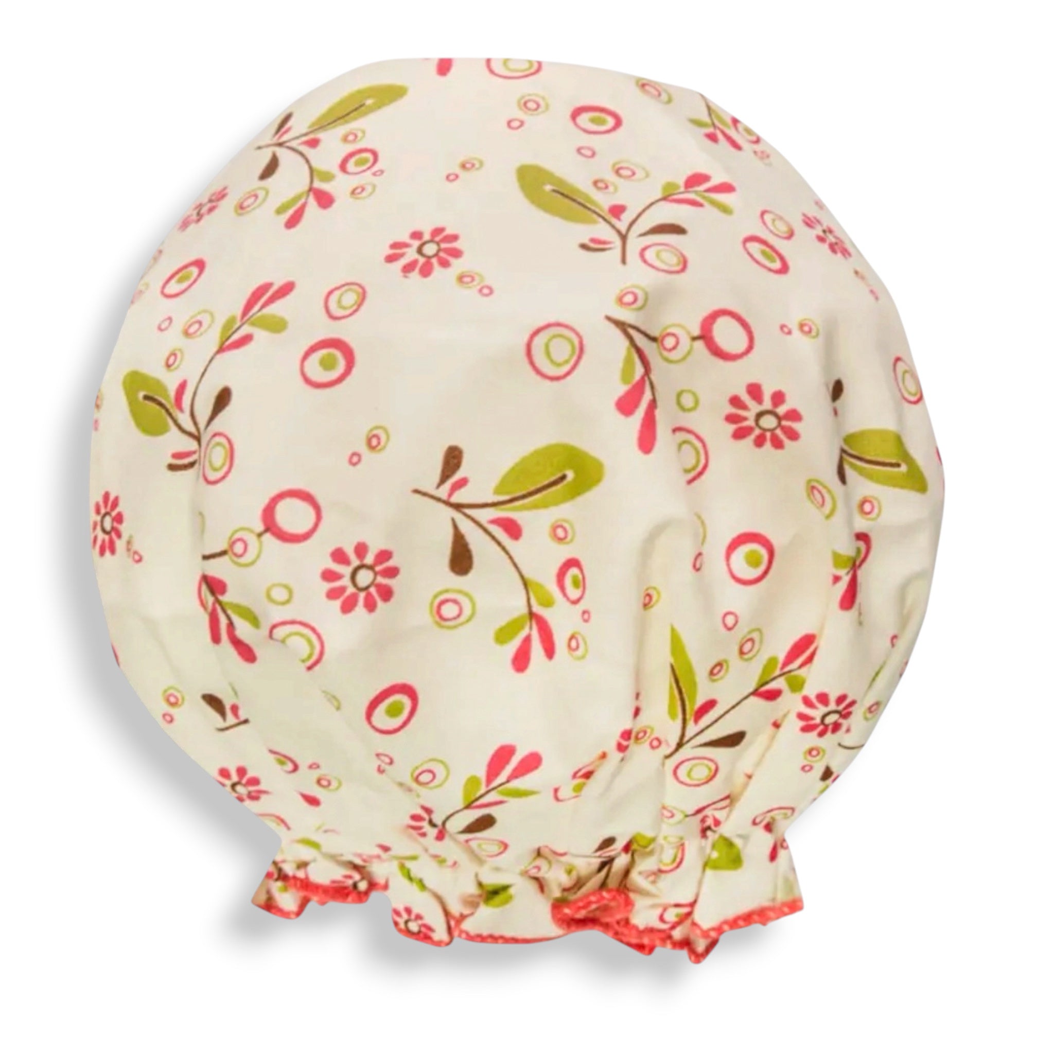 Bouffant shower cap in cream with colorful botanical branches print and gathered hem