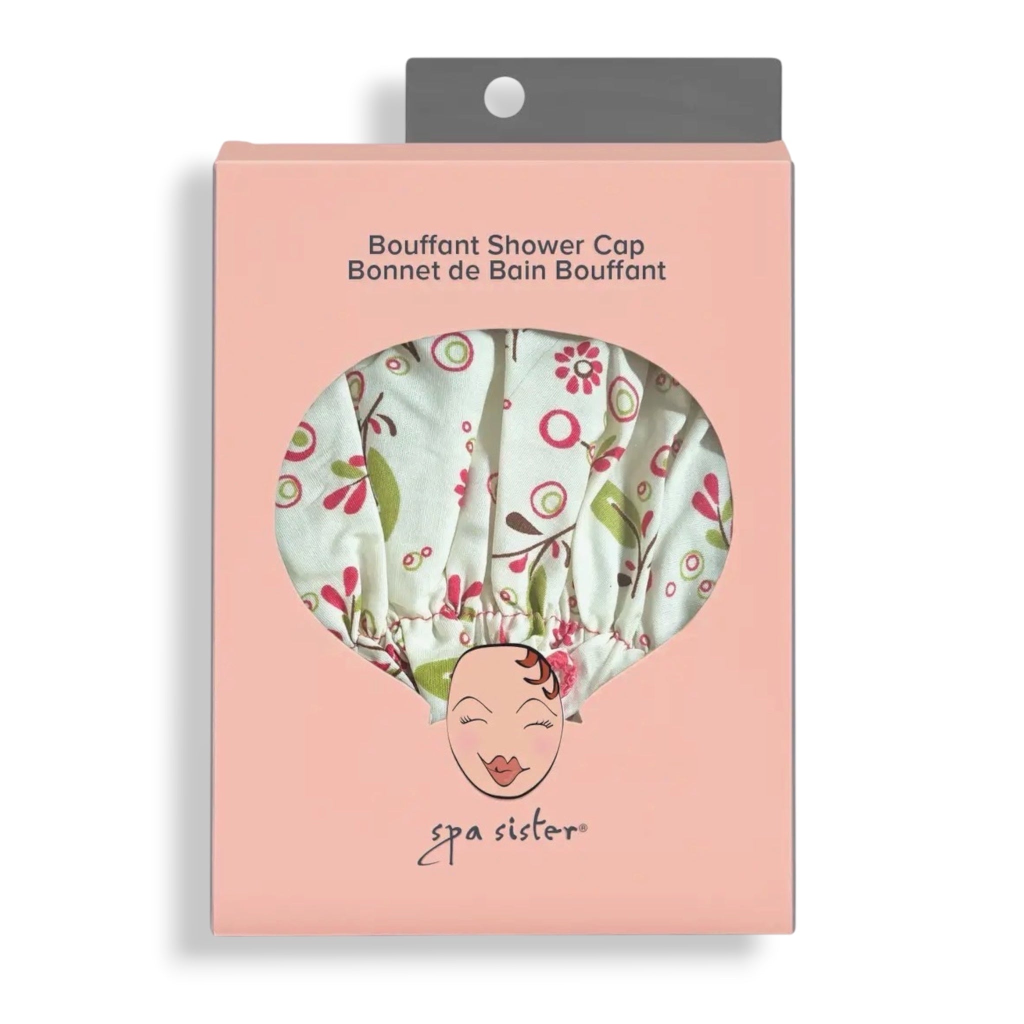 Bouffant shower cap with mint base and floral cooking utensil print, ruffled hem