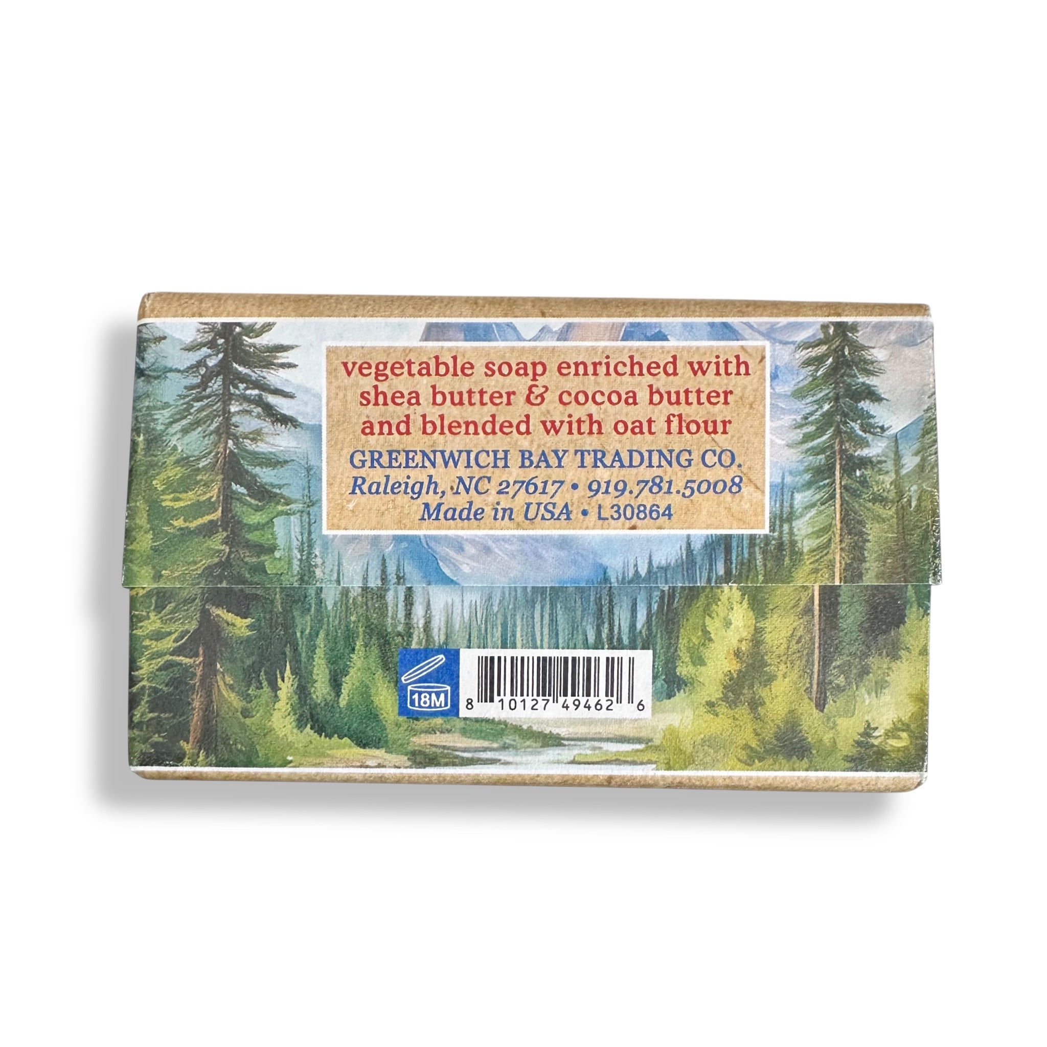 Back of the great outdoors vegetable soap box with ingredient text and barcode