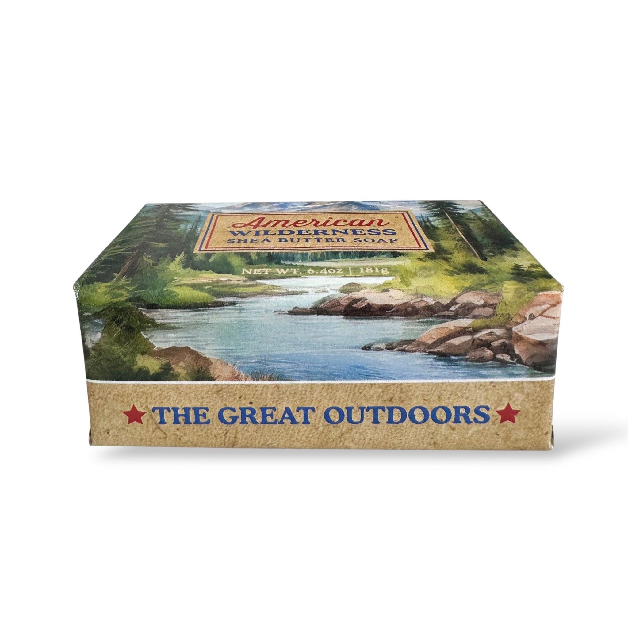 The great outdoors American shea butter soap bar with forest and river artwork