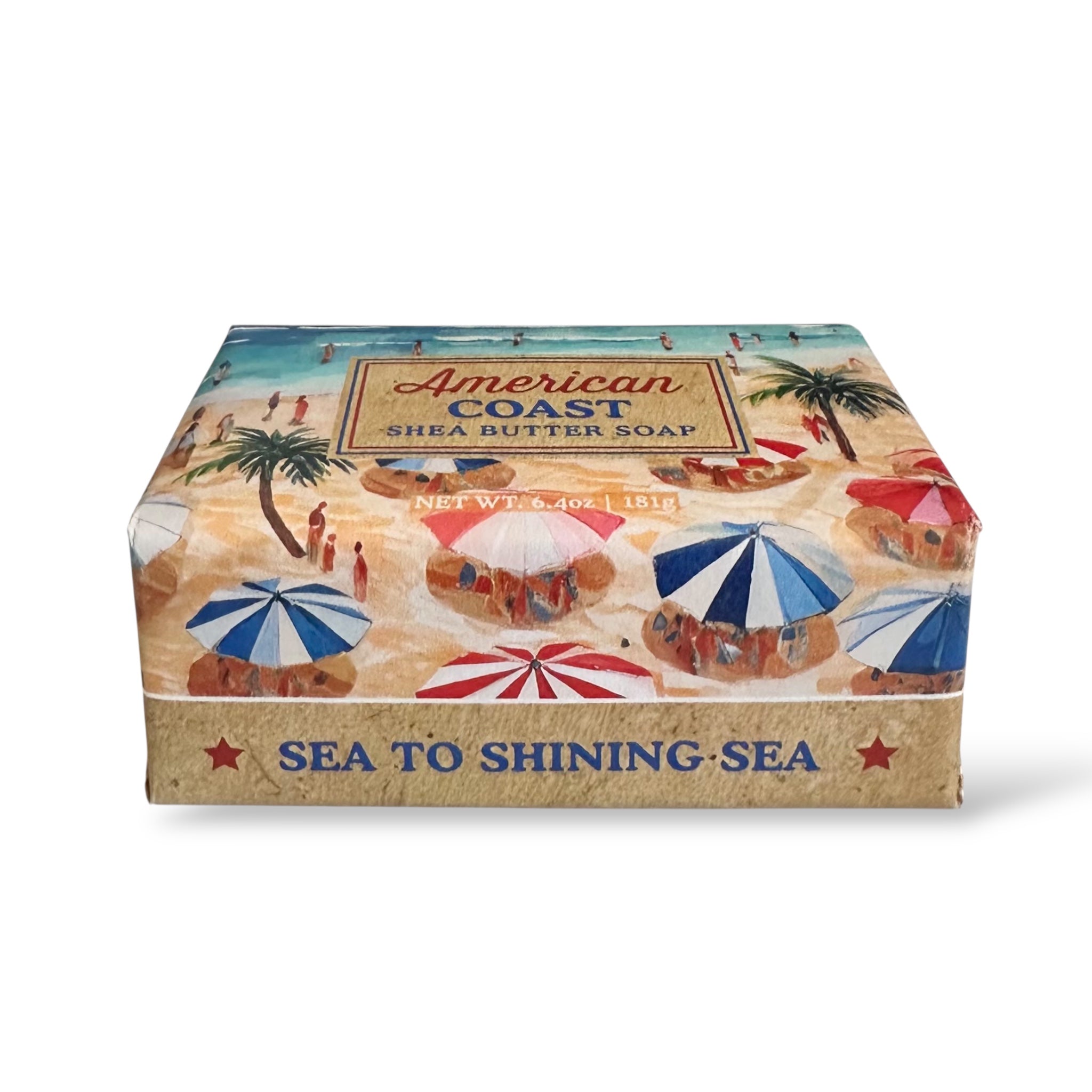 Sea to shining-sea American shea butter soap bar in illustrated paper box