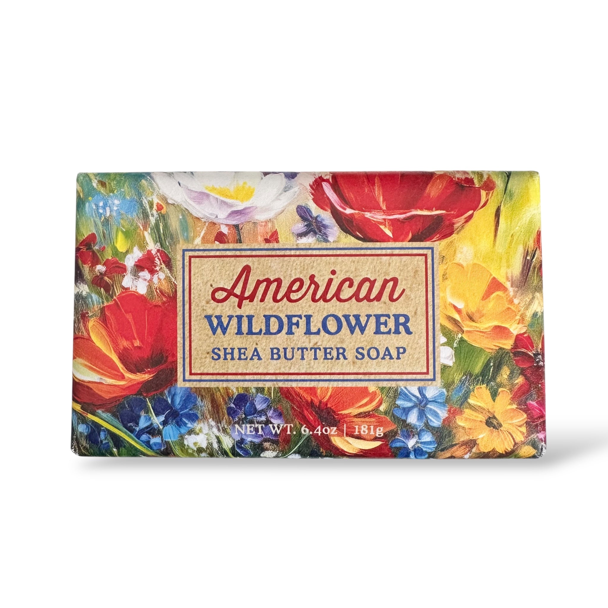 American Wildflower shea butter soap bar with colorful flower label