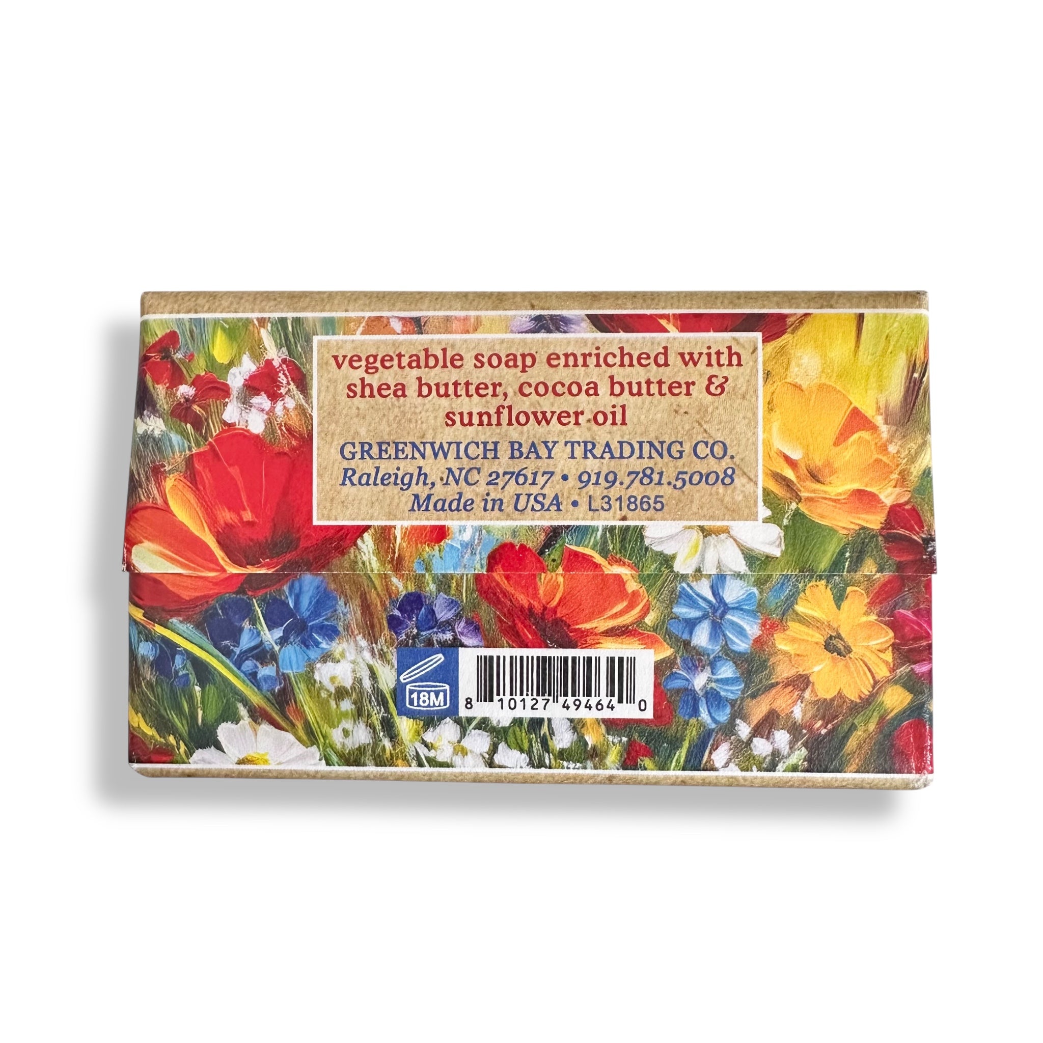 Back of American wildflower vegetable soap box with ingredient text and barcode