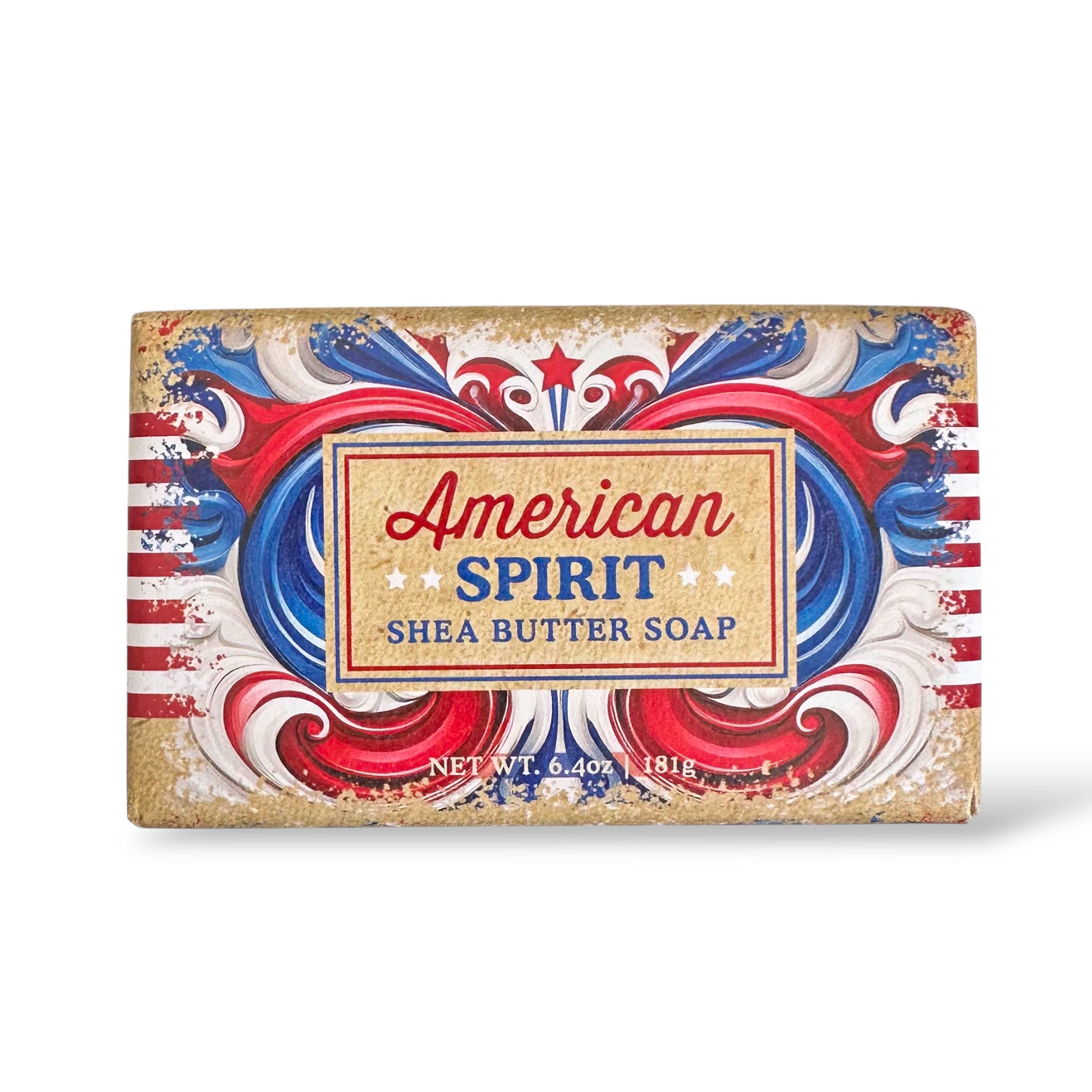American Spirit shea butter soap bar with patriotic swirls label