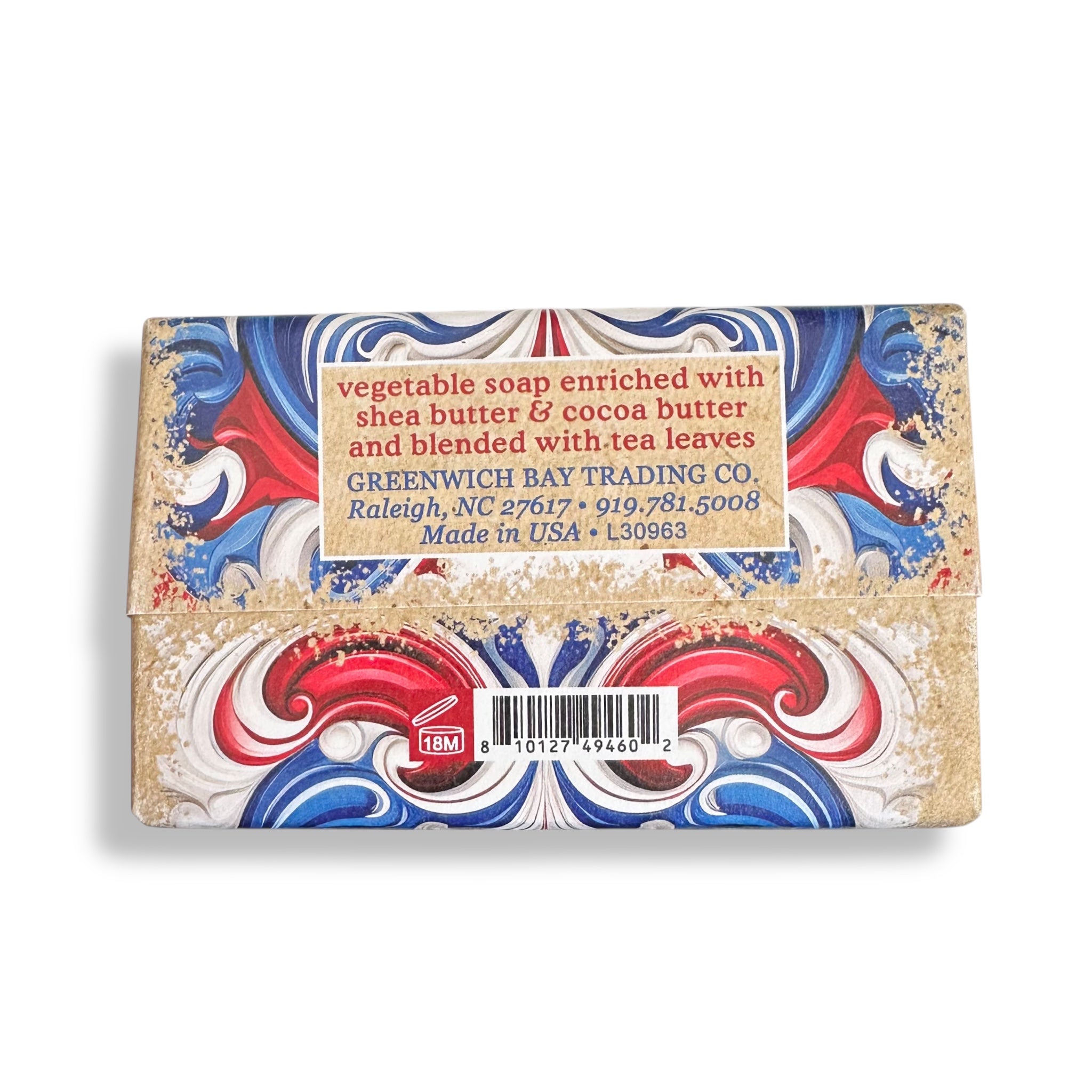 Back of American spirit vegetable soap box with swirls and barcode