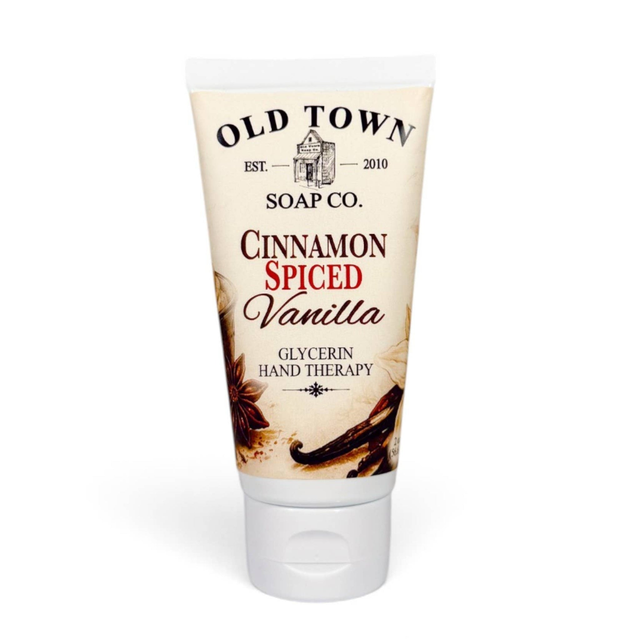 A squeeze tube of Old Town Soap Co. Cinnamon Spiced Vanilla hand therapy soap on a clean white background.