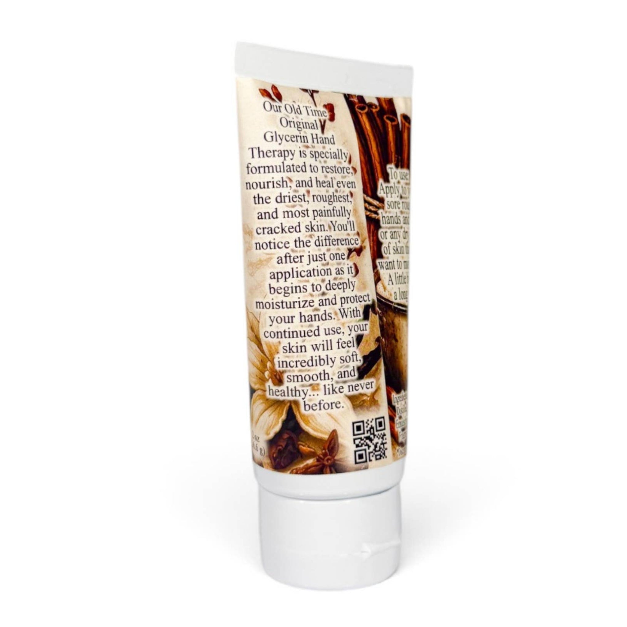 A squeeze tube of Old Town Soap Co. Hand Therapy cream, showing the back label with product details, set against a plain white background.
