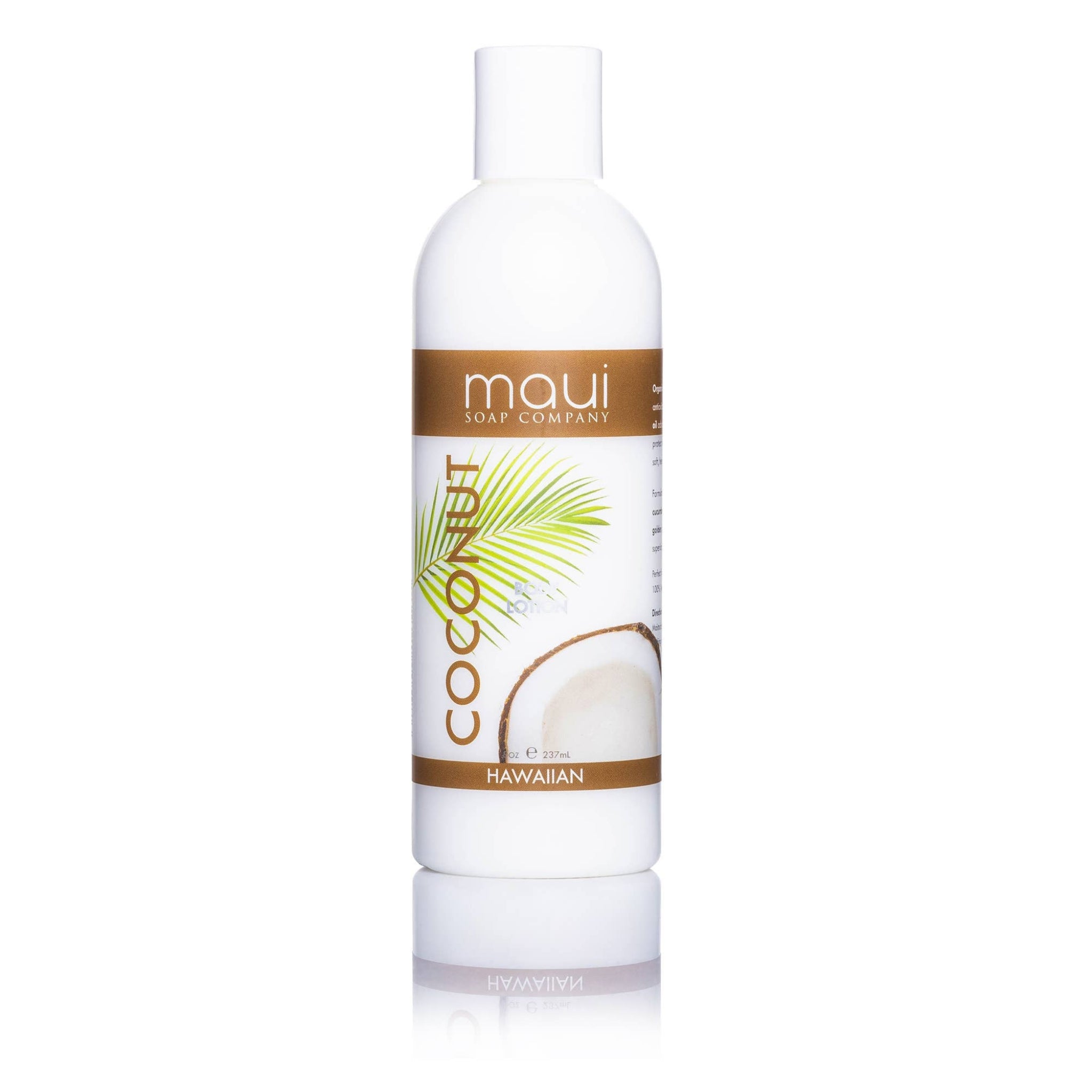 White bottle of Maui Soap Company Hawaiian Coconut Shampoo on a white background