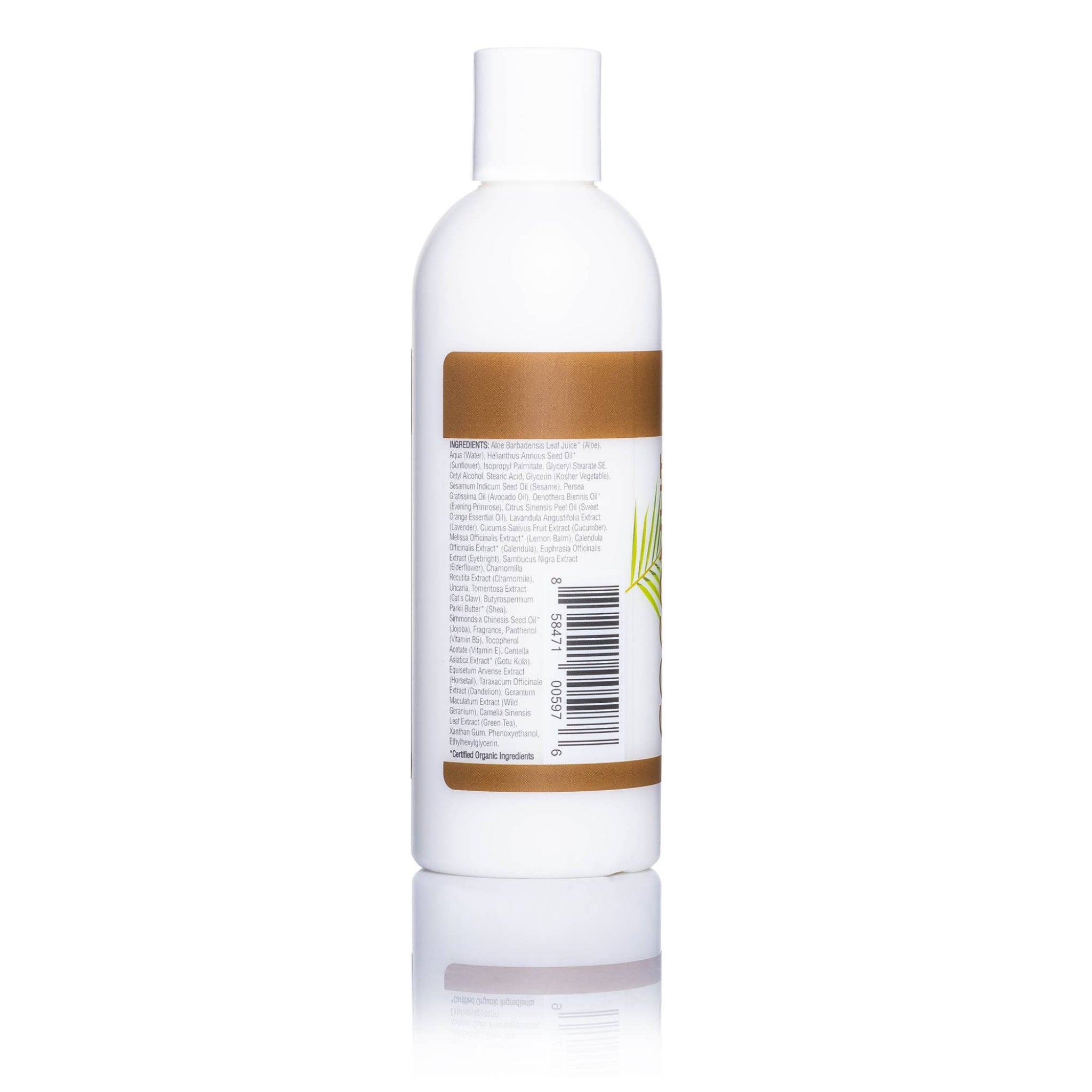 White bottle with a brown label on a white background