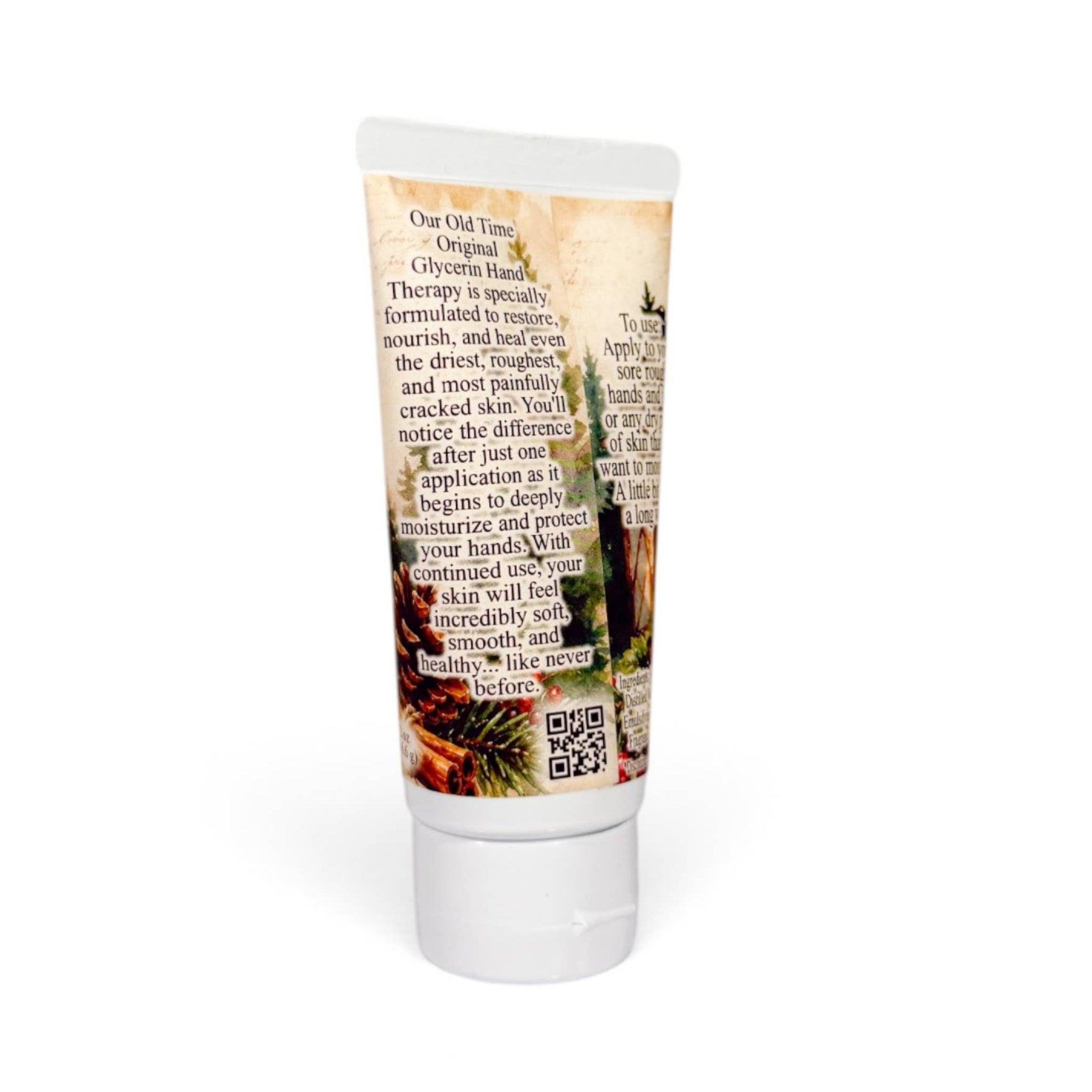 A squeeze tube of hand cream with a printed label featuring a rustic tree design and text, shown on a plain white background.