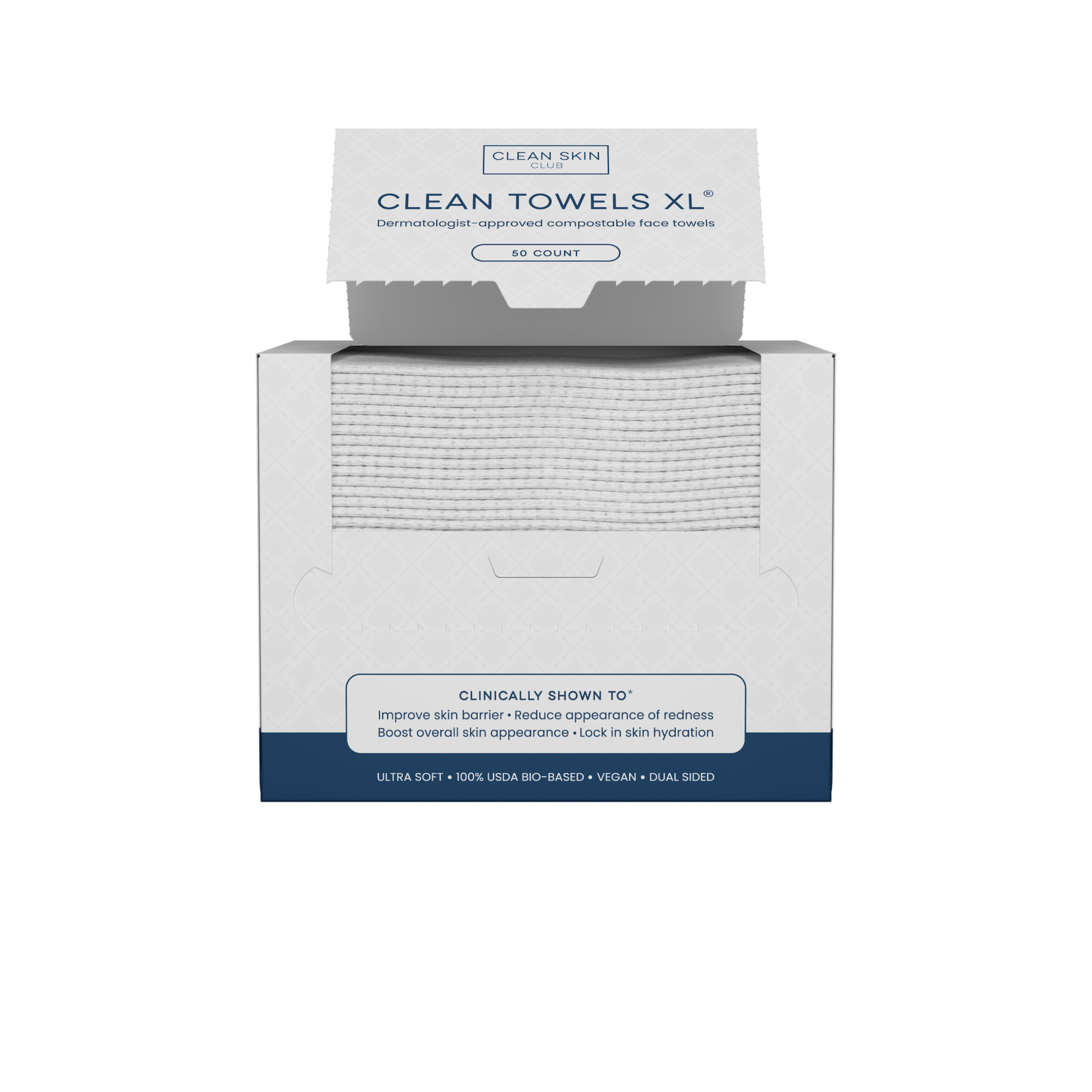 Disposable XL face towels in open box with stacked white towel sheets.