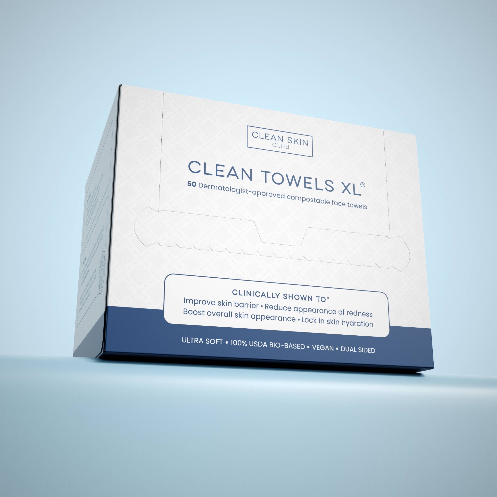 Clean Towels XL disposable face towel box with white towel stack inside.