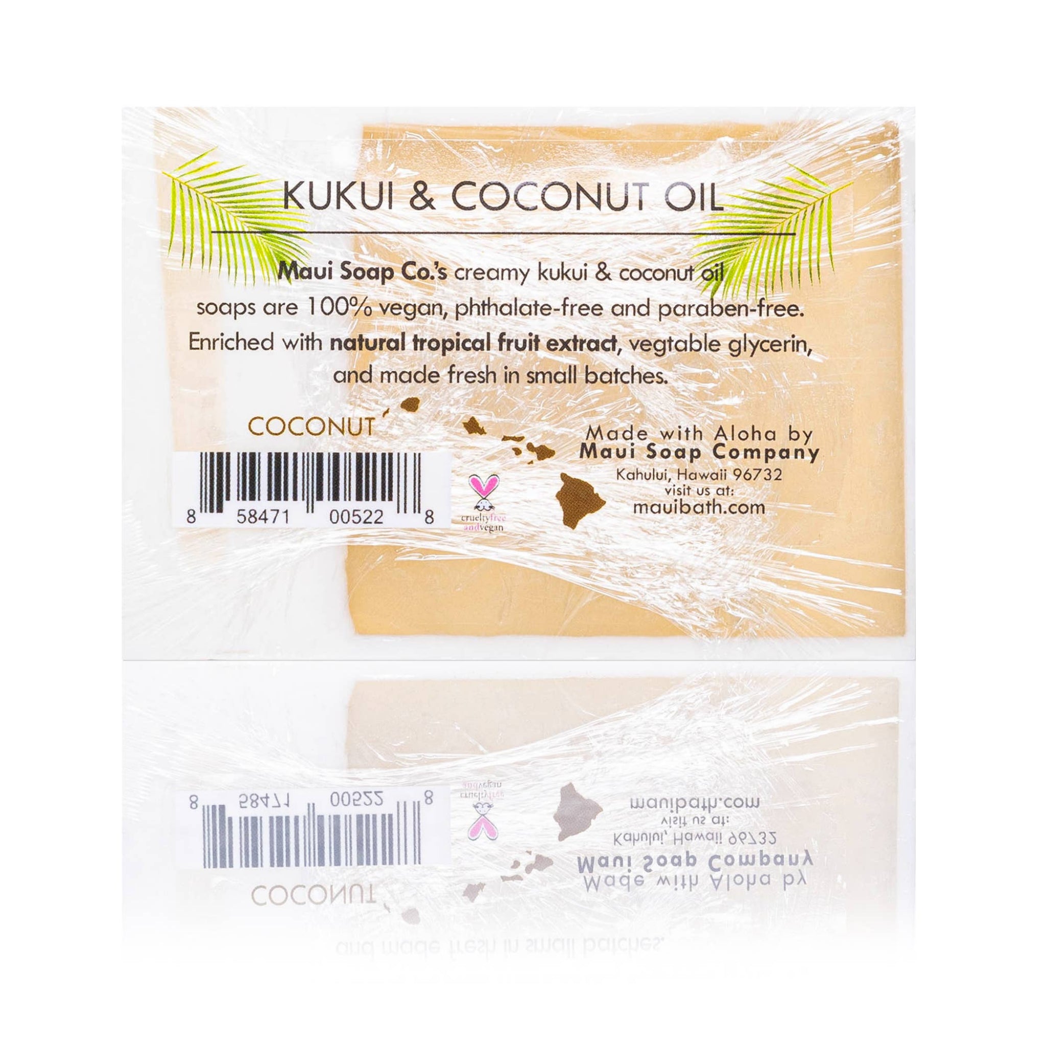Kukui & Coconut Oil soap bar with Maui Soap Company branding on a white background