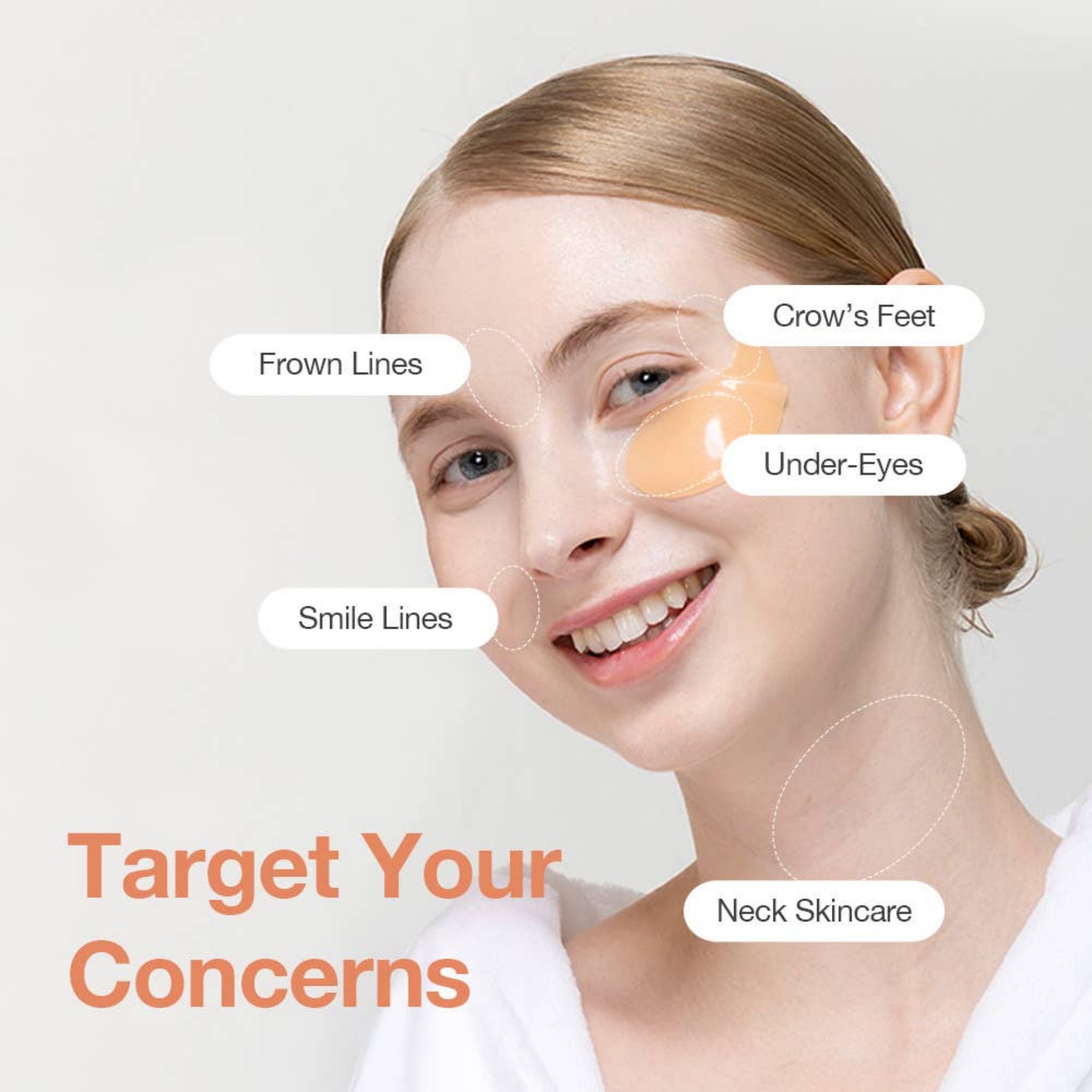 Woman with skincare concerns highlighted on her face against a light background