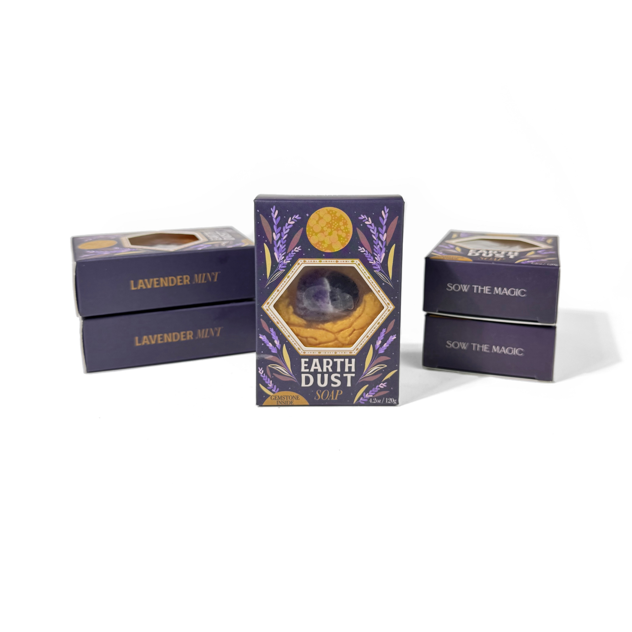 Earth Dust soap packaging with lavender mint scent on a white background