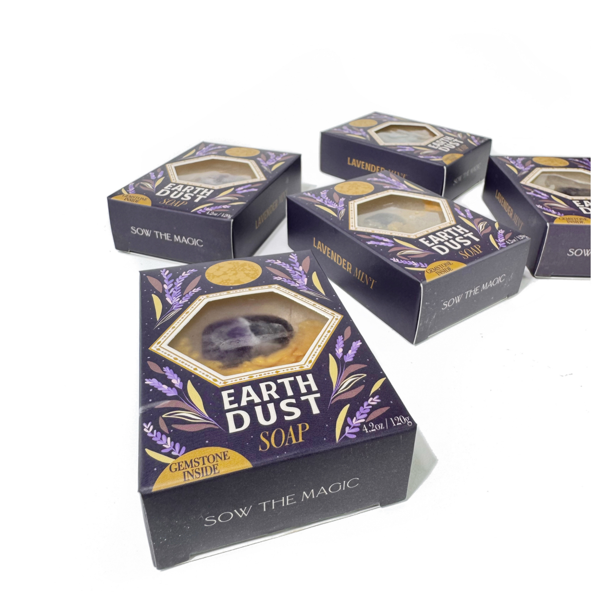 Earth Dust soap packaging with purple and gold design on a white background