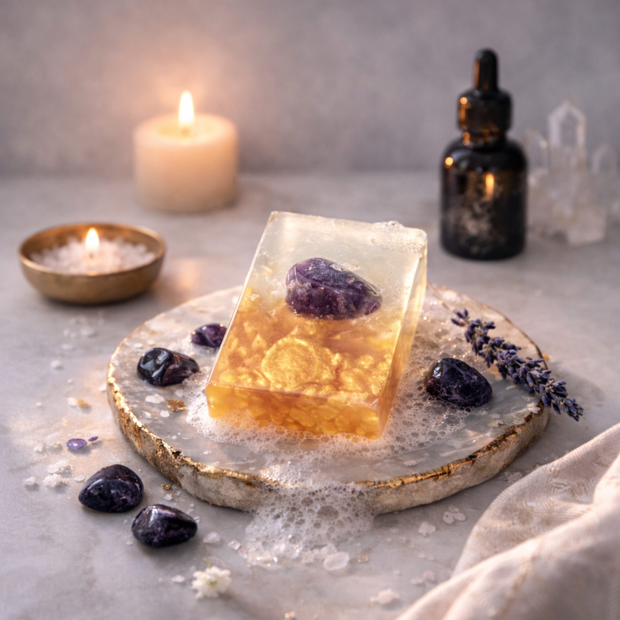 Bar of soap with purple stones on a stone surface with candles and a bottle in the background