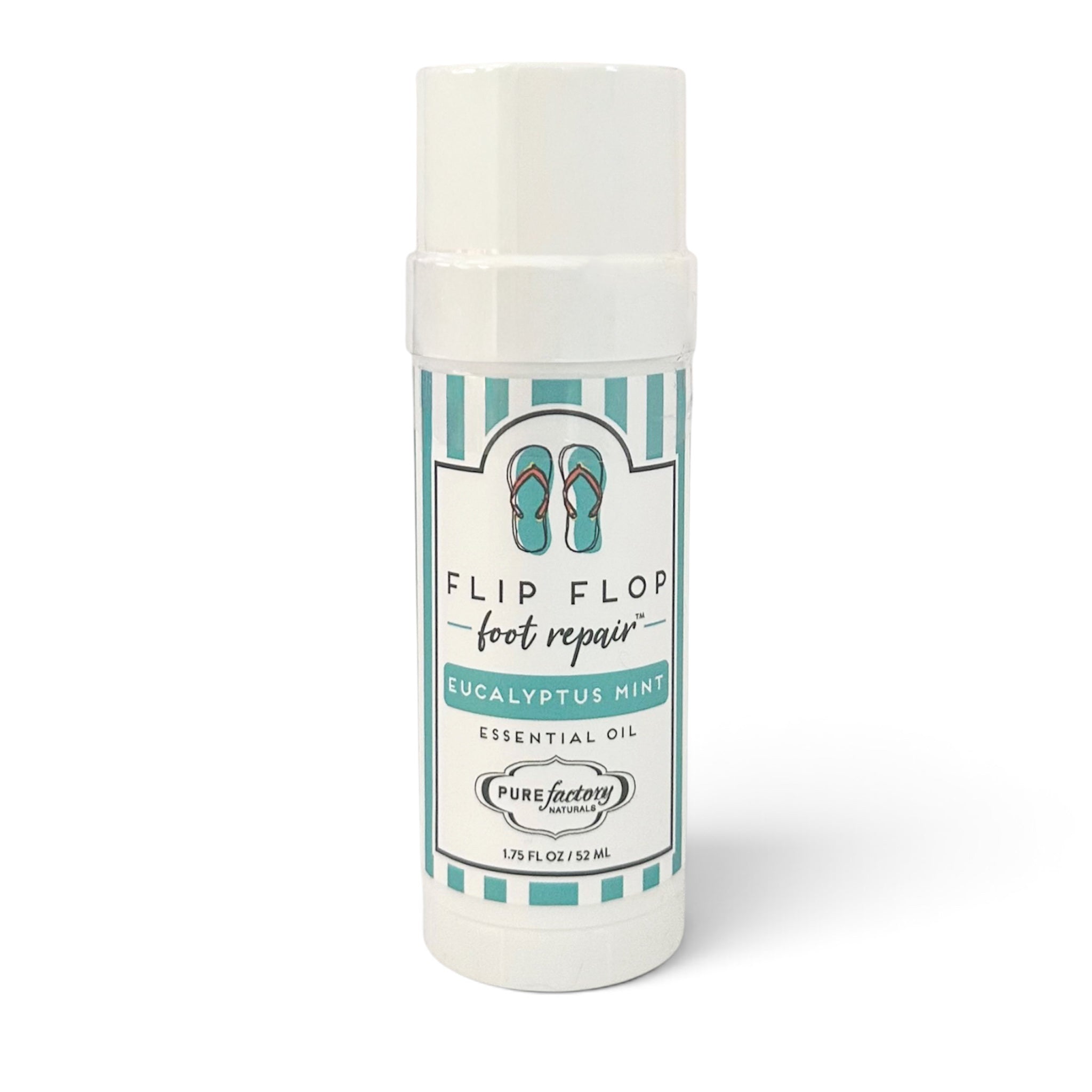 Flip flop foot repair balm, Eucalyptus Mint scent, teal label bottle with sandals icon