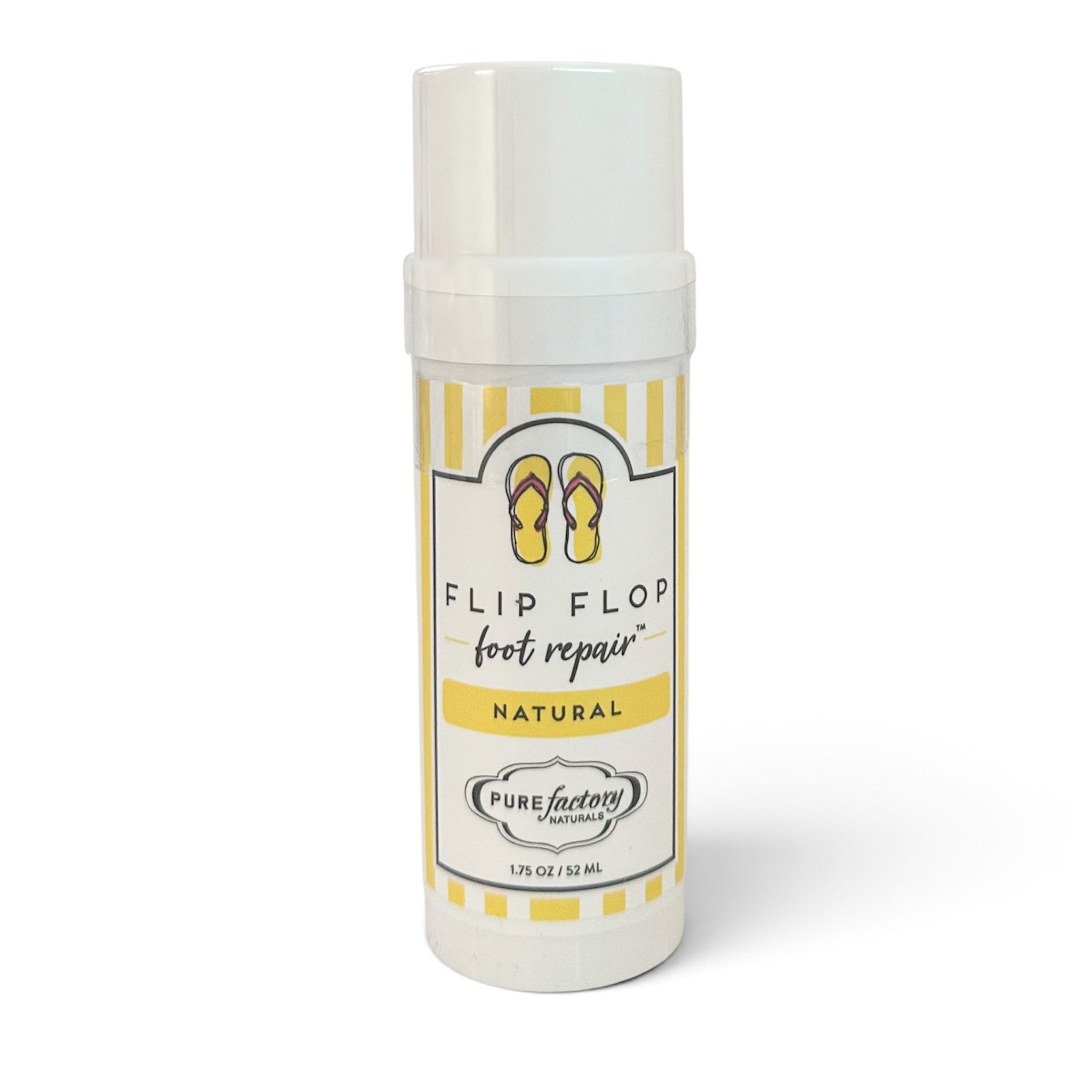 Flip flop foot repair balm, Natural scent, yellow label bottle with sandals icon