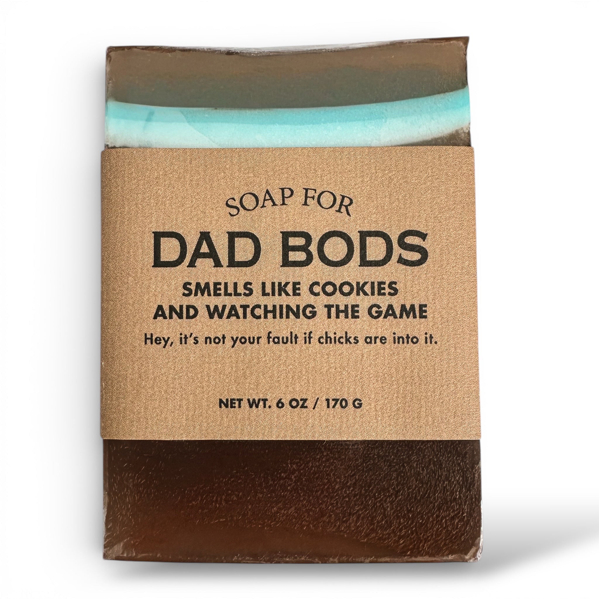 Funny soap bar in kraft box, 'SOAP FOR DAD BODS' with cookie-game text, blue stripe
