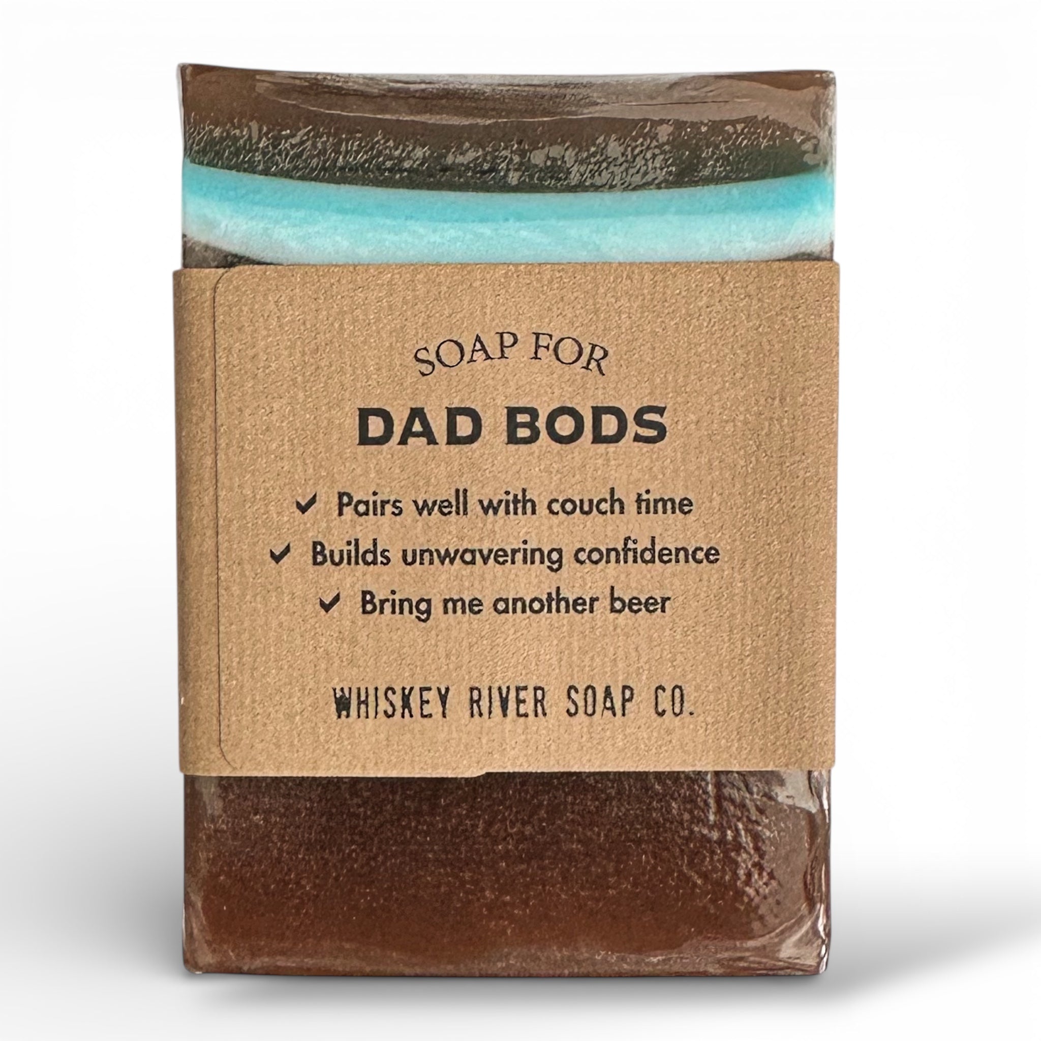 Funny soap bar in kraft box, 'SOAP FOR DAD BODS', Whiskey River Soap Co logo