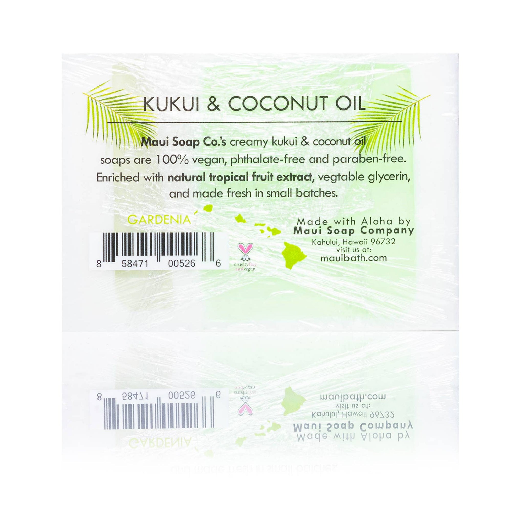Label of Kukui & Coconut Oil soap from Maui Soap Co. with text and branding details.