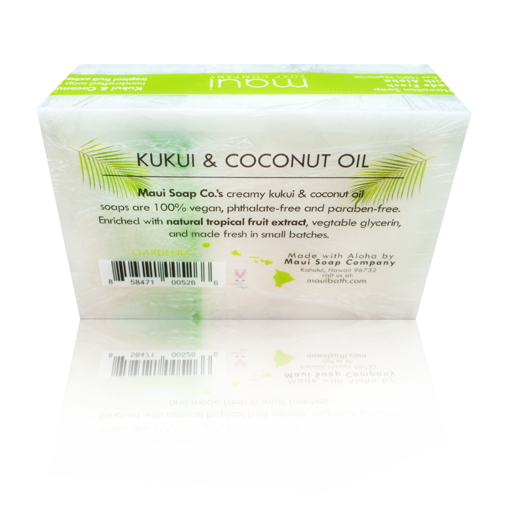 Box of Kukui & Coconut Oil soap from Maui Soap Co on a white background