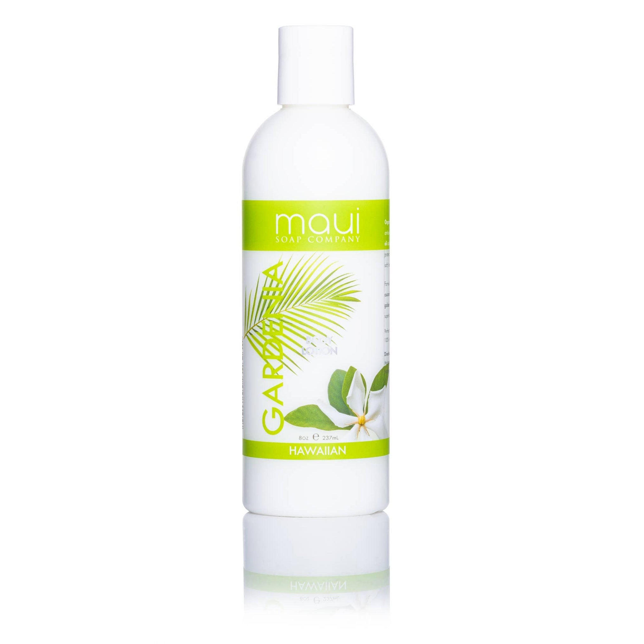 White bottle with green label featuring 'maui' branding on a white background