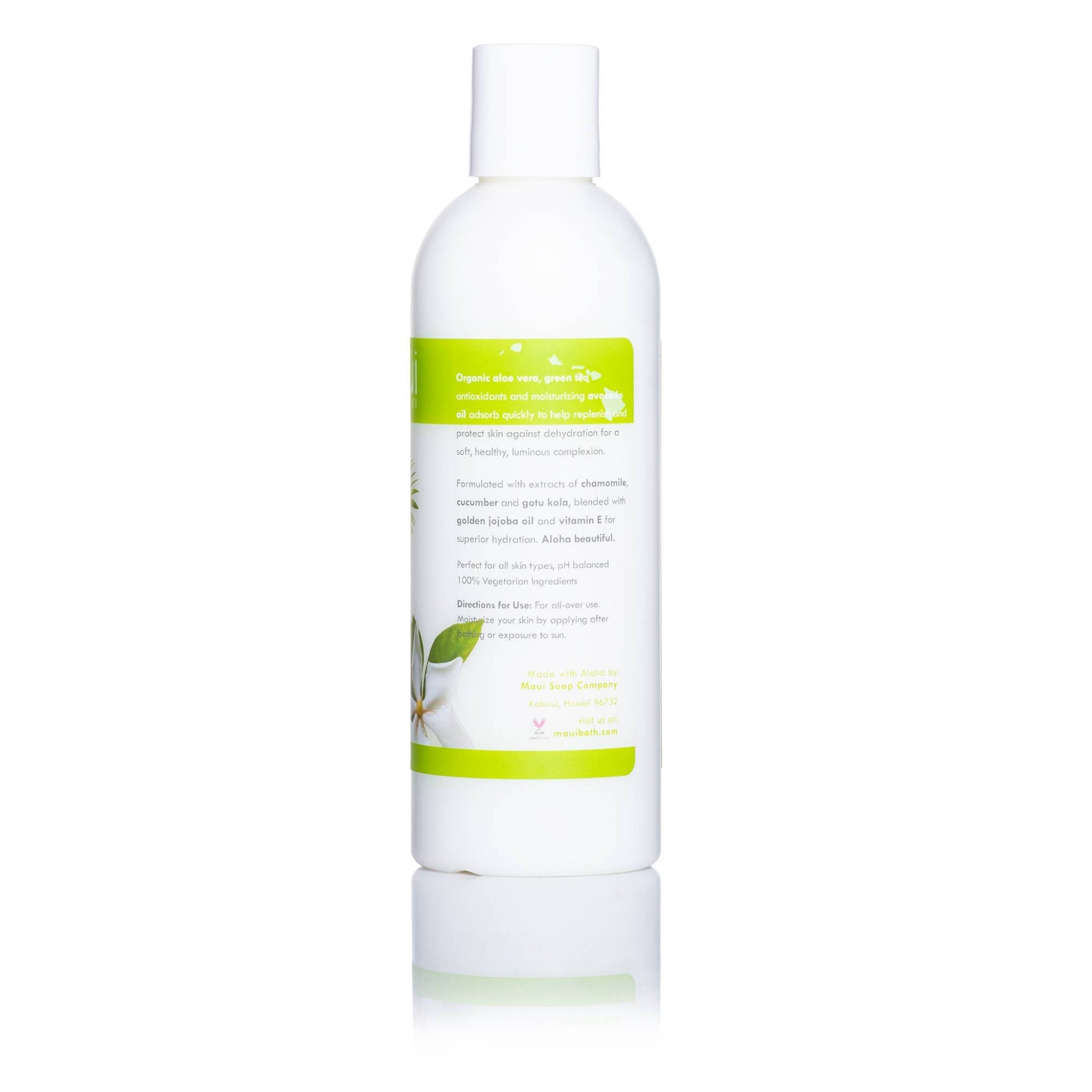 White bottle with a green label on a white background