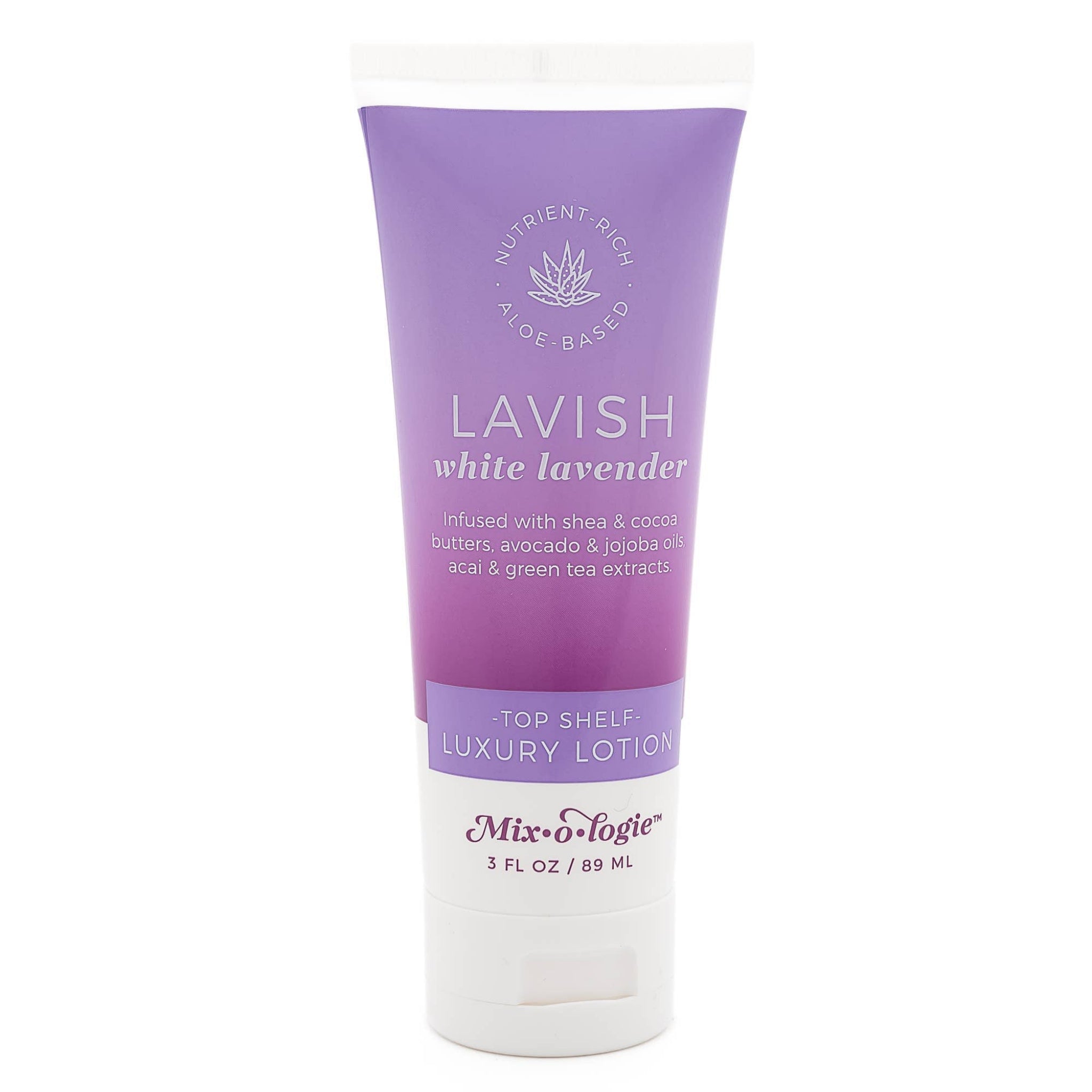 Lavish white lavender luxury lotion tube, purple and white, with flip-top cap