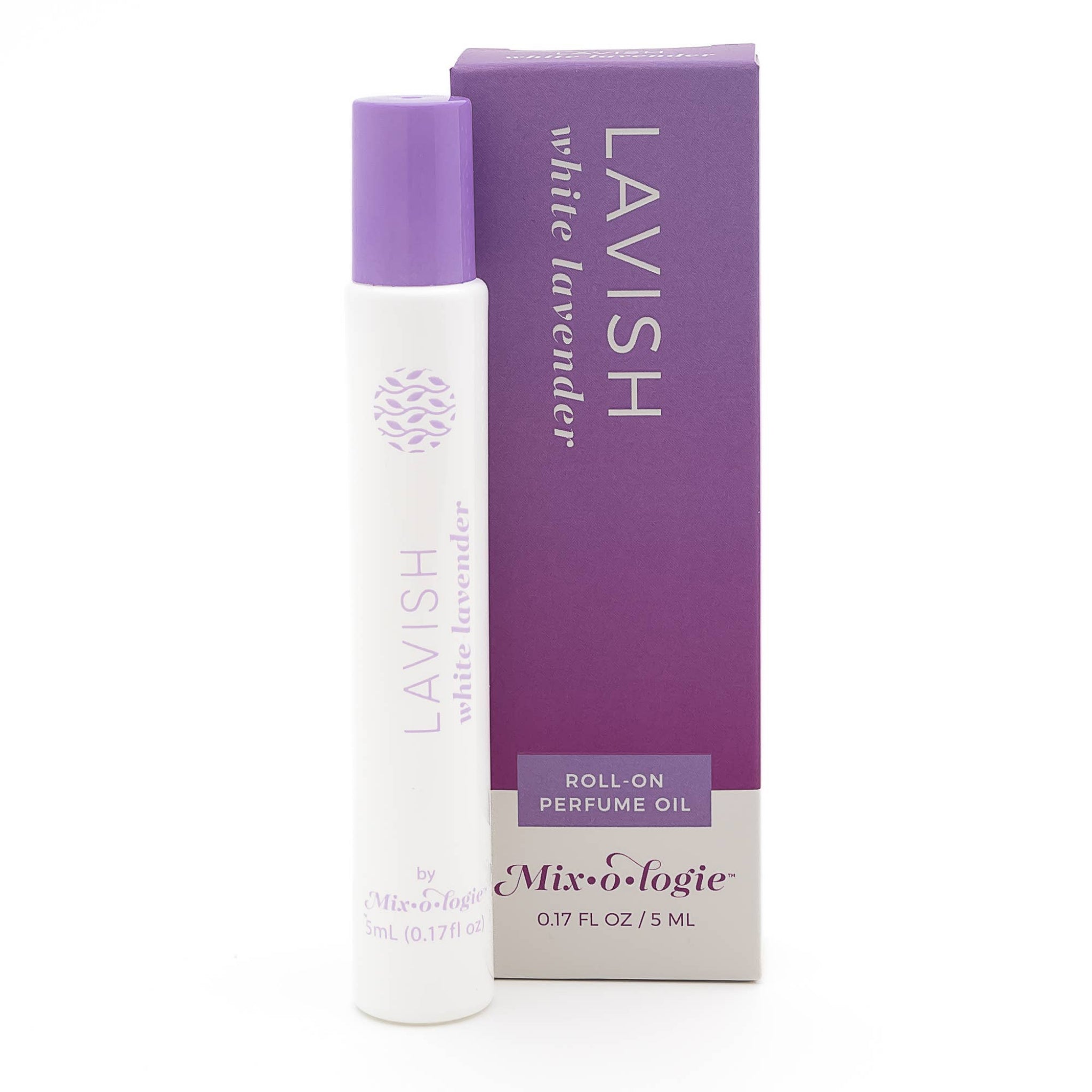 Lavish white lavender roll-on perfume oil with purple cap and boxed packaging