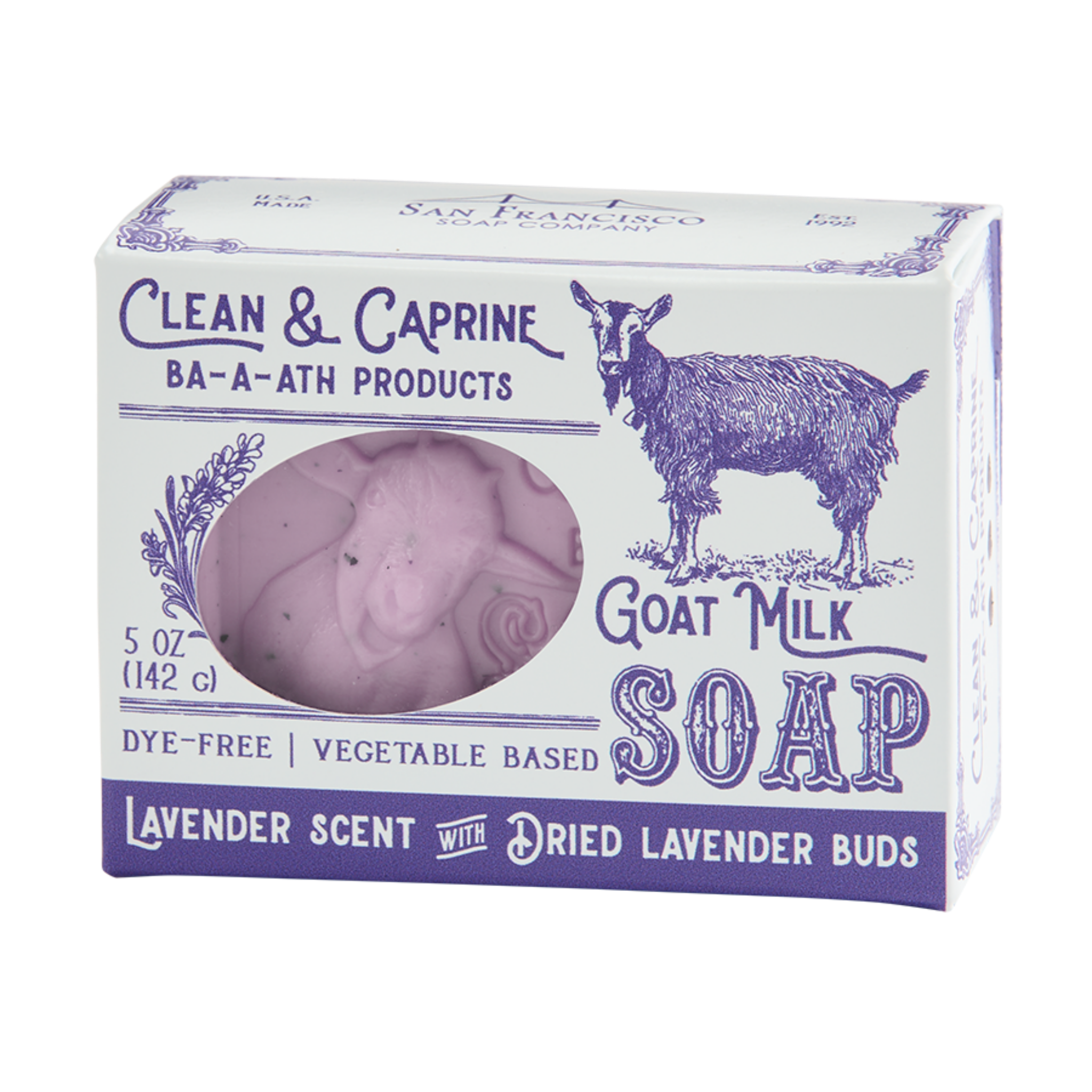 Box of Clean & Caprine goat milk soap with lavender scent on a white background