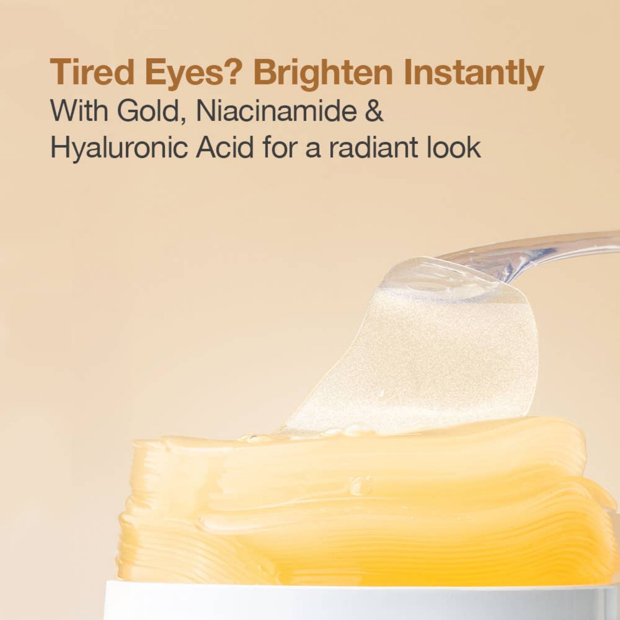 Cosmetic cream jar with text about ingredients and benefits on a beige background
