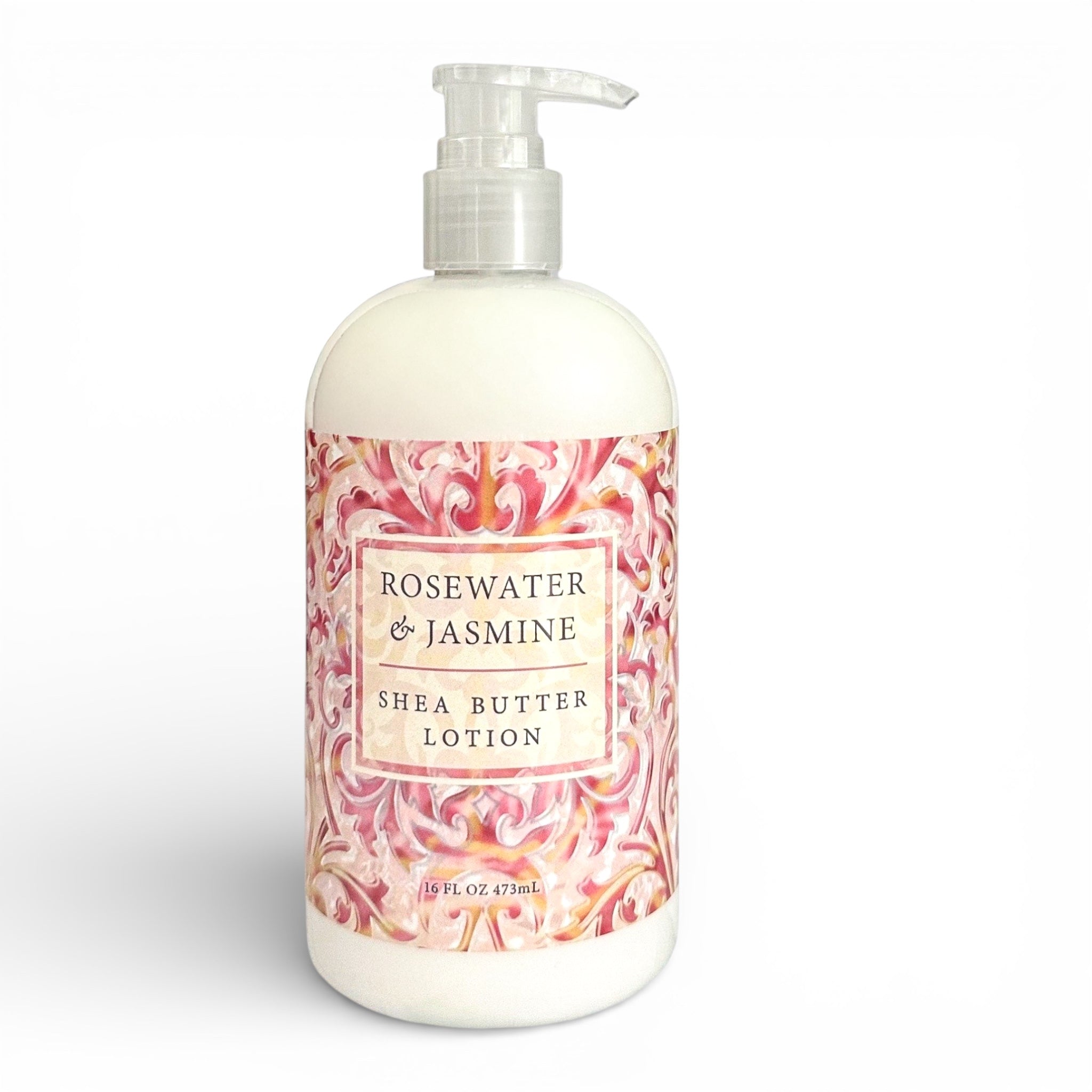 A 16 fl oz pump bottle of Rosewater & Jasmine Shea Butter Lotion, featuring a white bottle with a pink and orange marbled pattern label, on a clean white background.