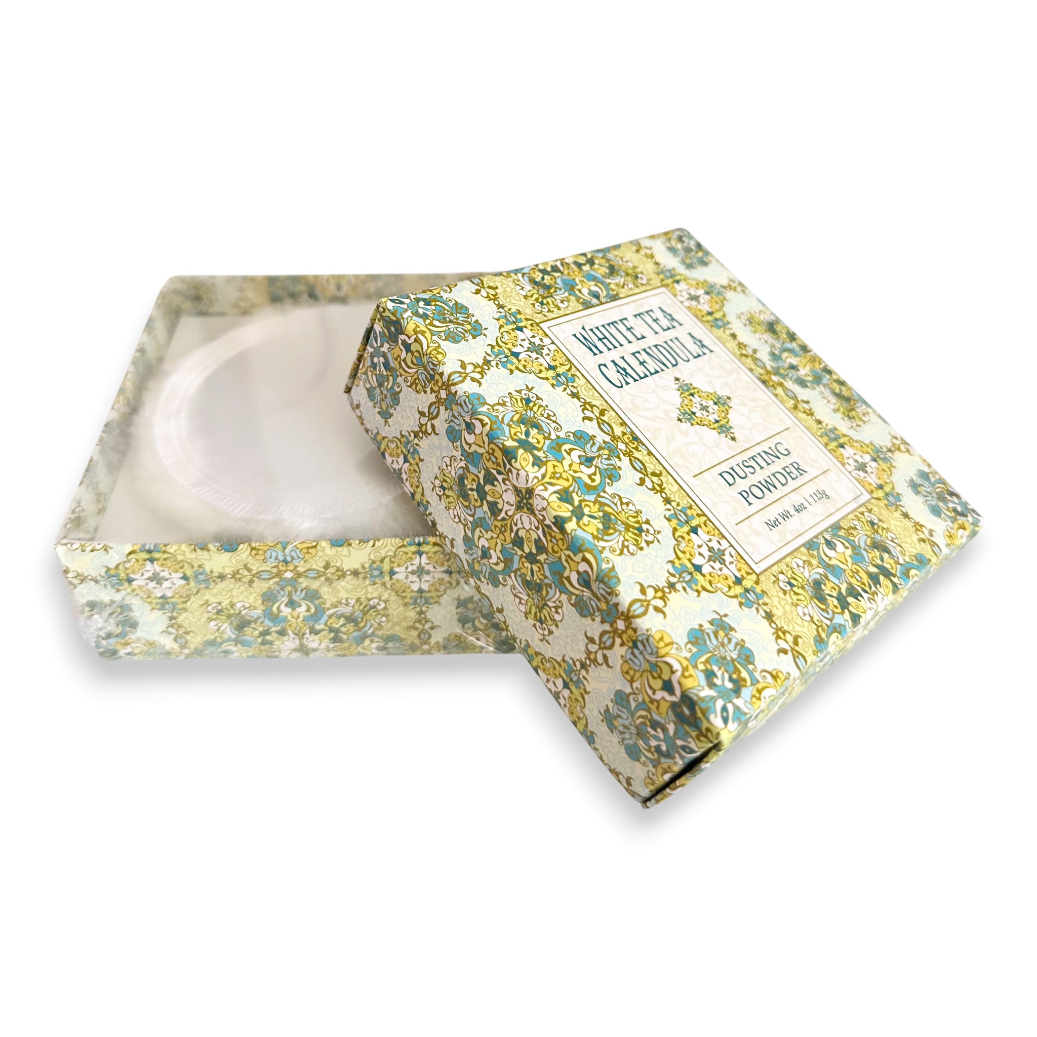 Floral-patterned box of dusting powder on a white background