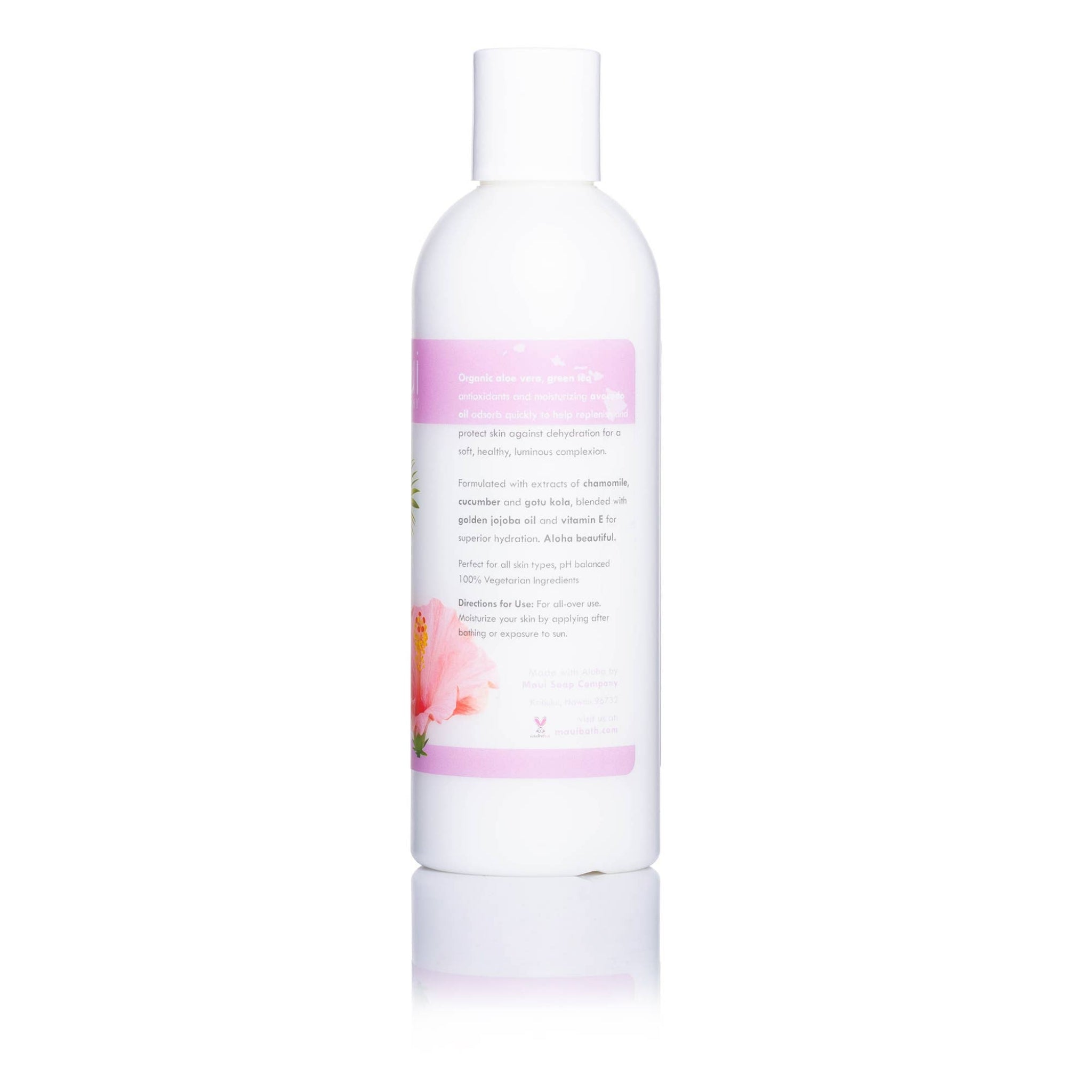 White bottle with a pink label on a white background