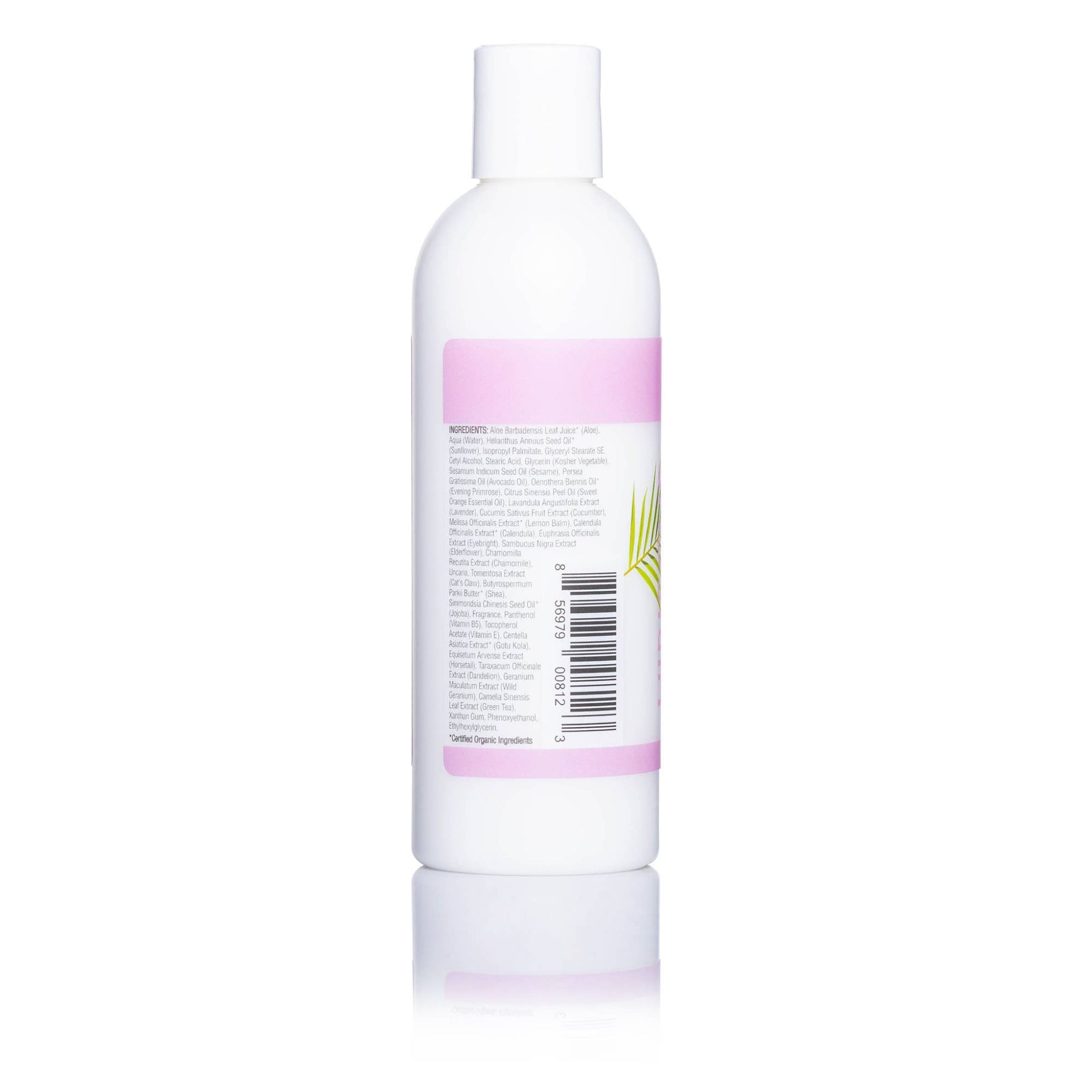 White bottle with a pink label on a white background