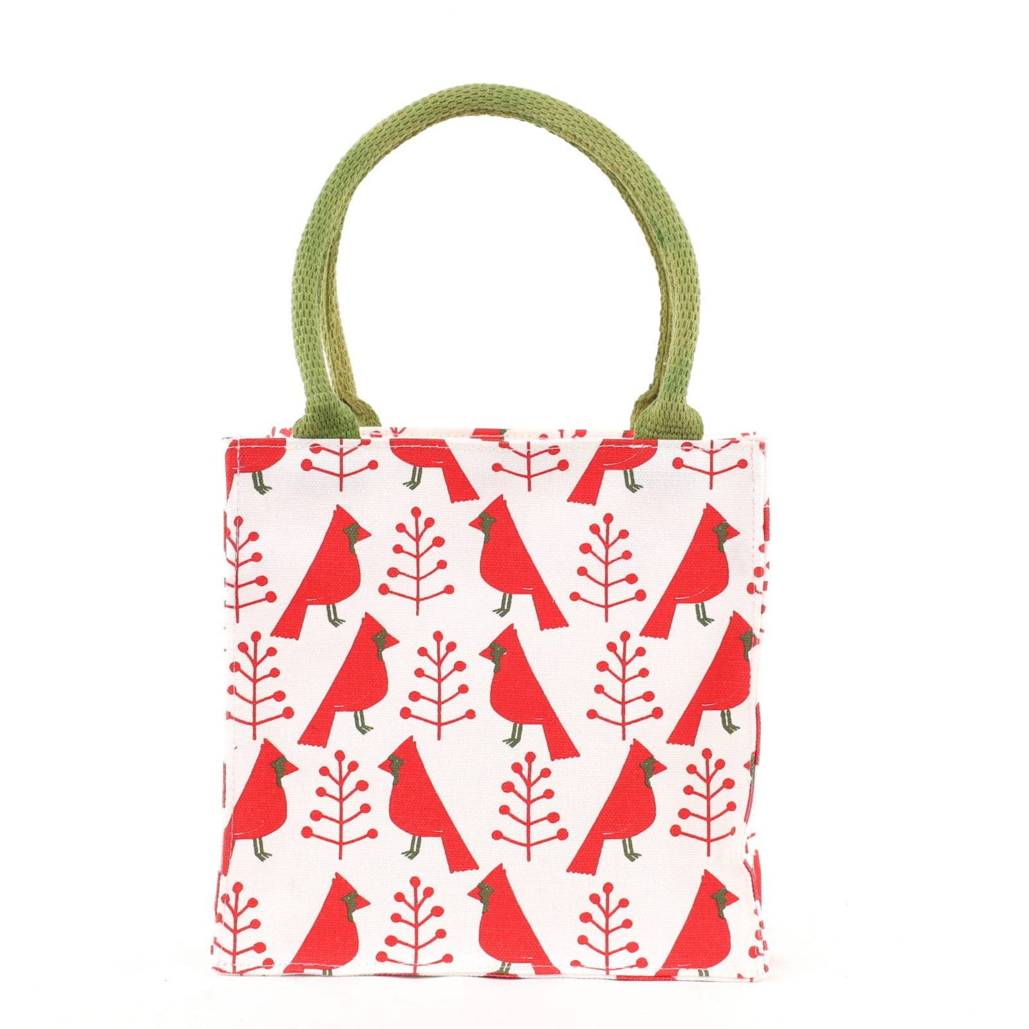 Small bag with red cardinal bird pattern and green handle on a white background