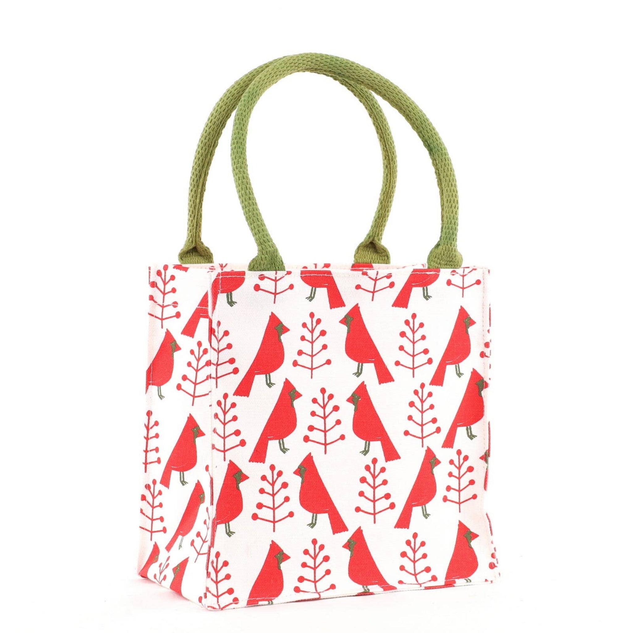 A white canvas tote bag with a repeating pattern of red cardinal birds and red leafy branches, featuring thick olive green rope handles, shown against a plain white background.