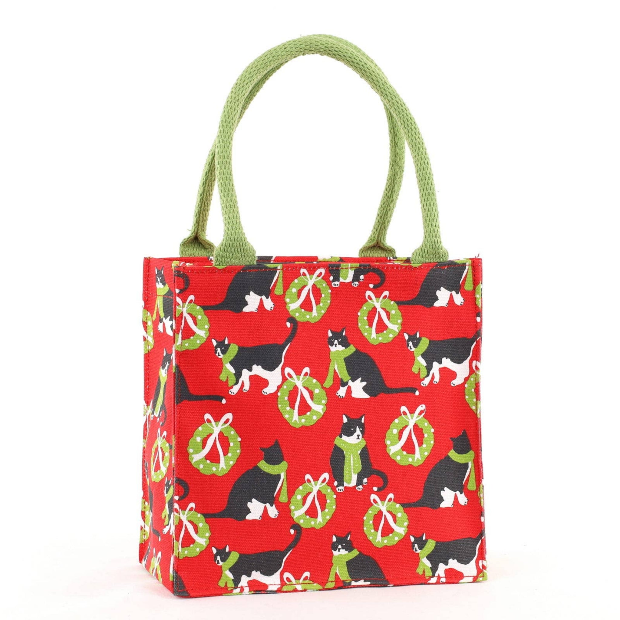 Red bag with black and green cat pattern on a white background