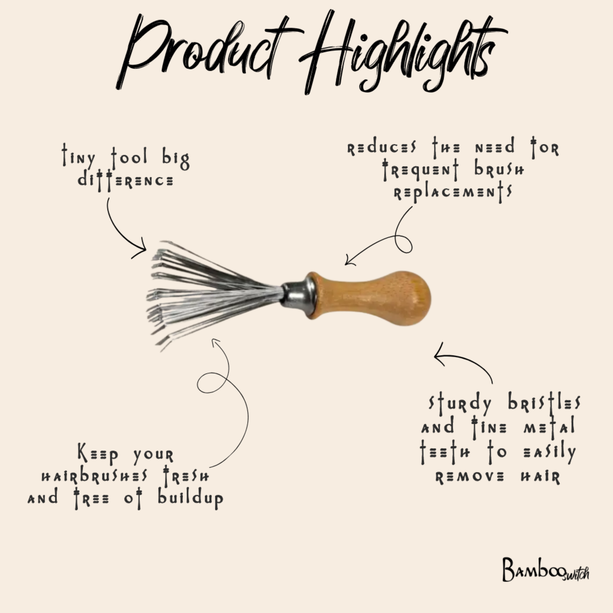 Hairbrush cleaning tool with small metal pin bristle head on wooden handle