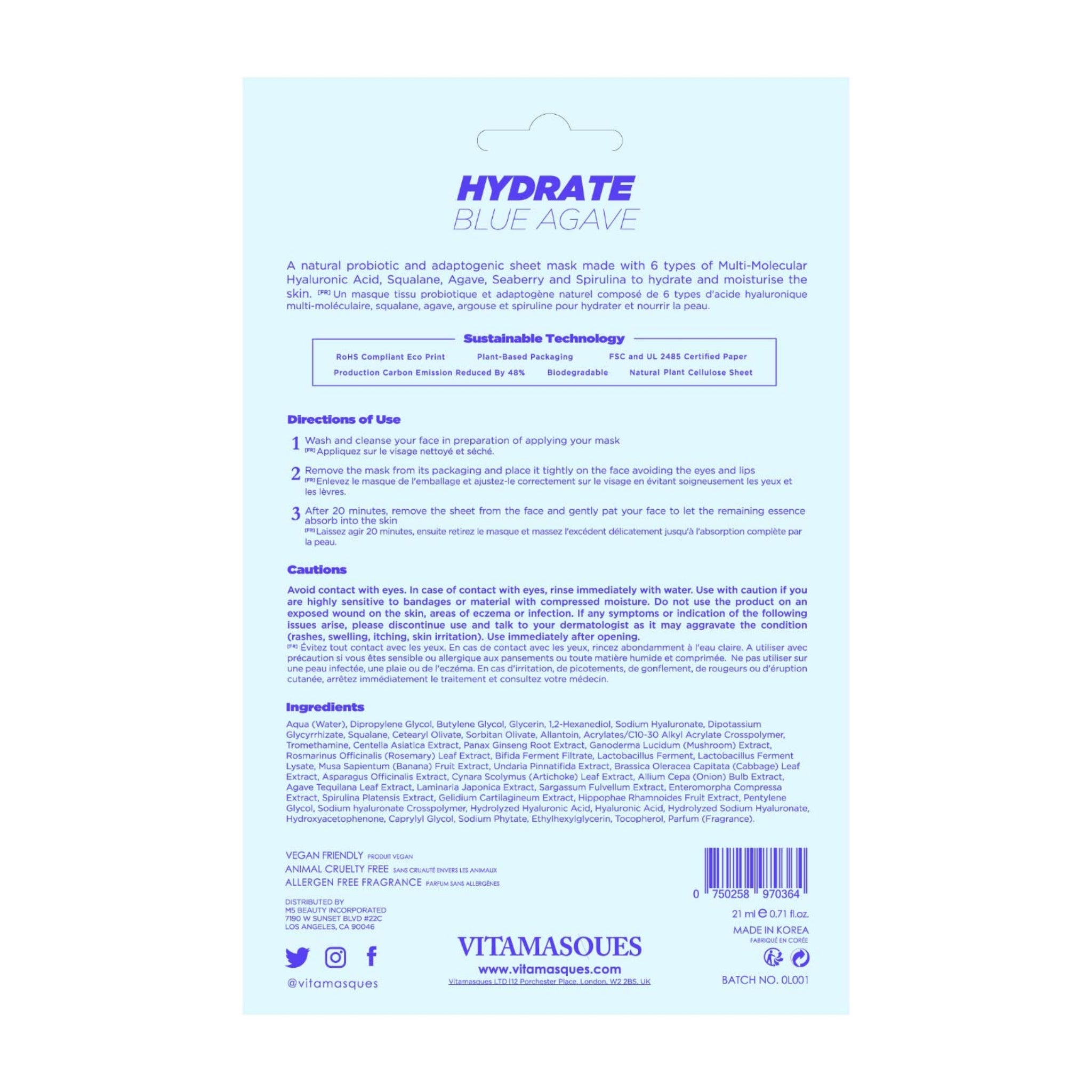 Hydrate BLUE AGAVE Biodegradable Face Sheet Mask