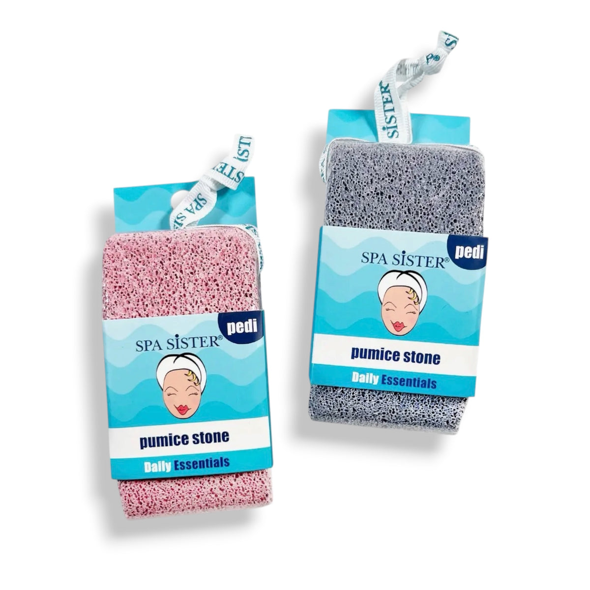 Curved pumice stone sponges, pink and blue, two packaged units