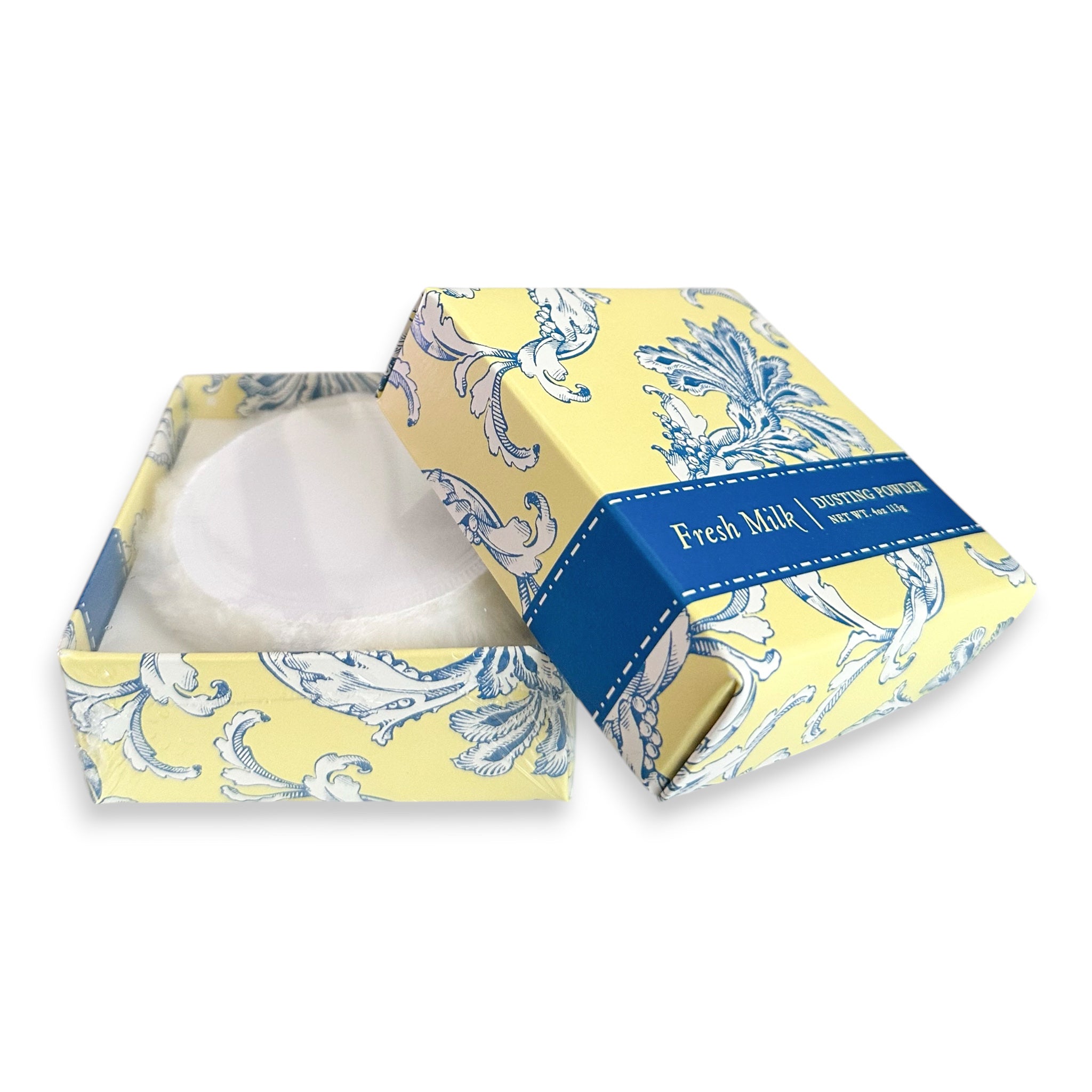 Dusting powder in a decorative yellow and blue box on a white background